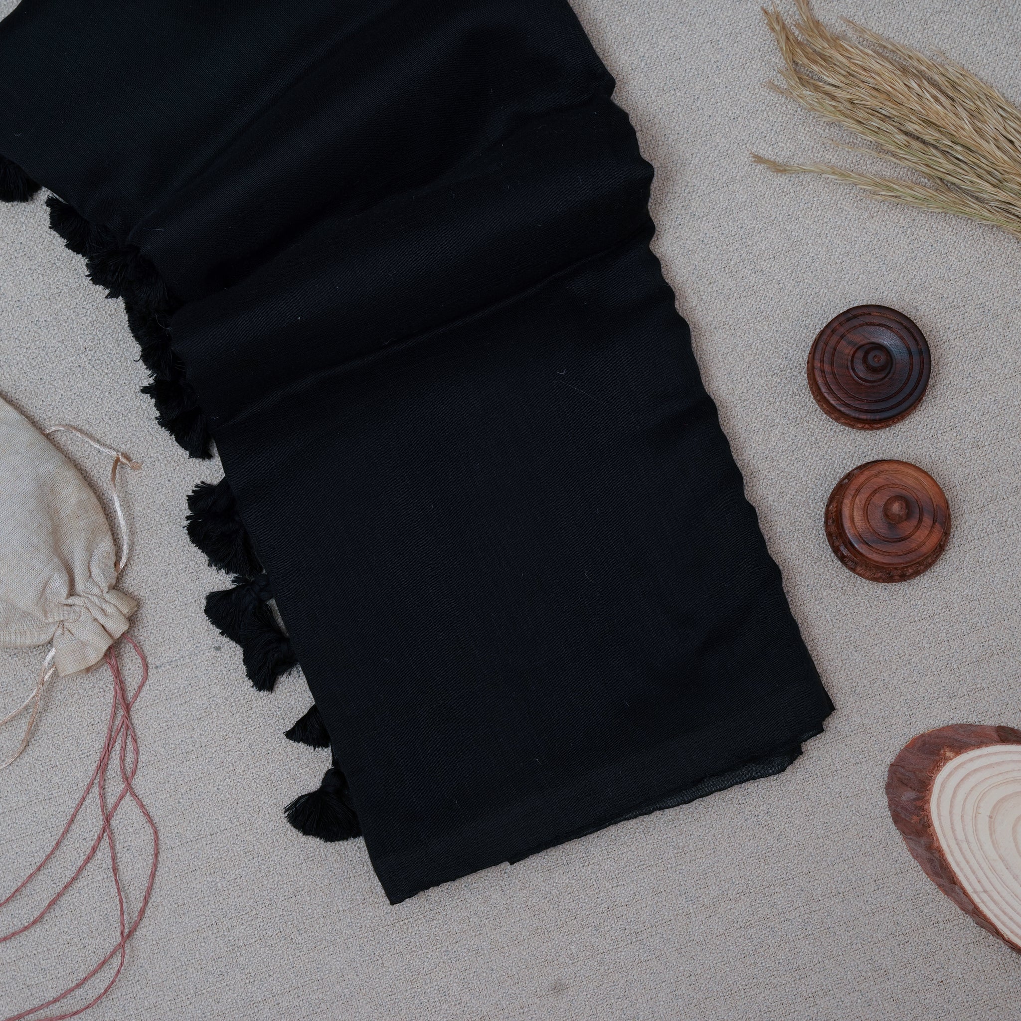 Black Handloom Cotton Saree with Plain Blouse
