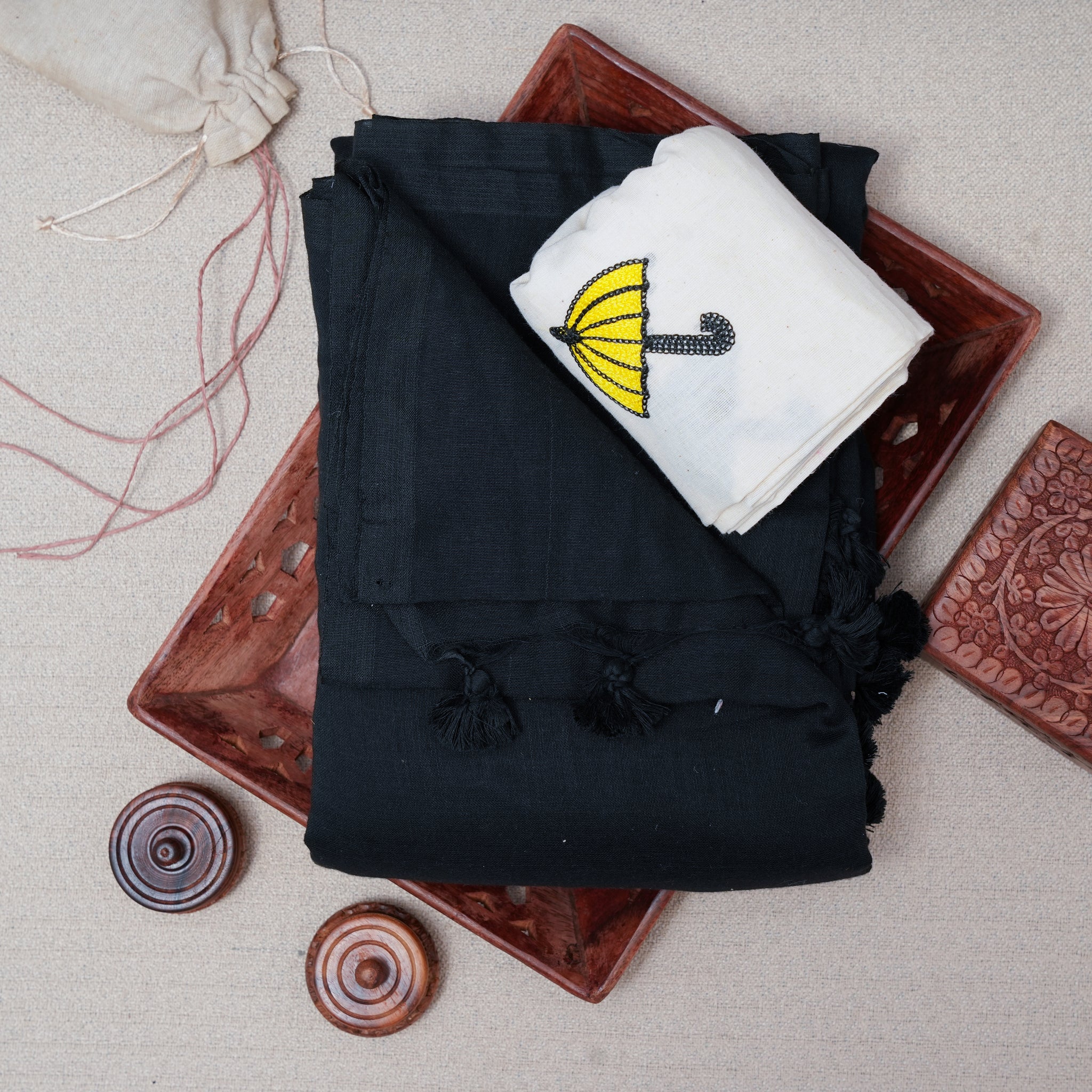 Black Handloom Cotton Saree with Plain Blouse