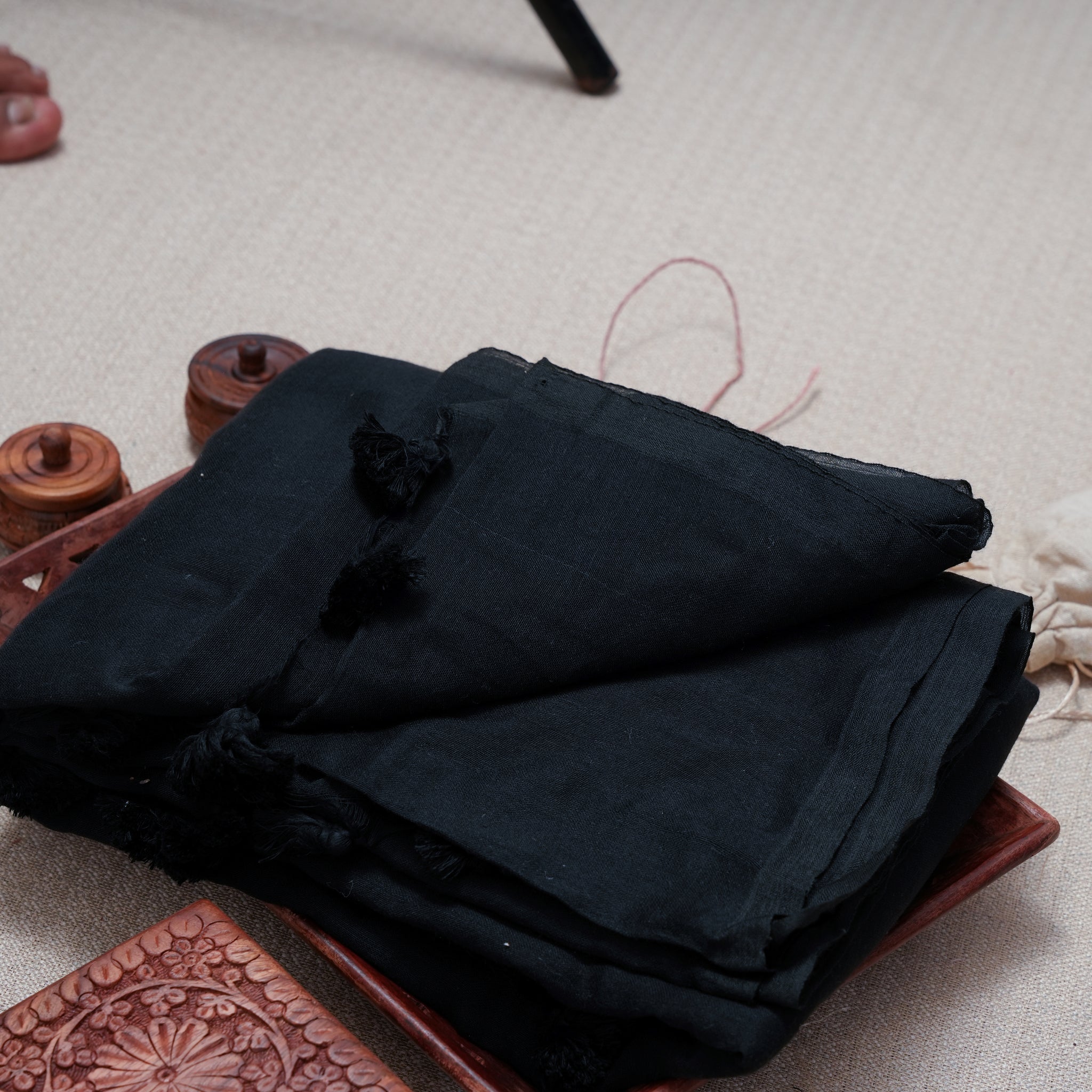 Black Handloom Cotton Saree with Plain Blouse