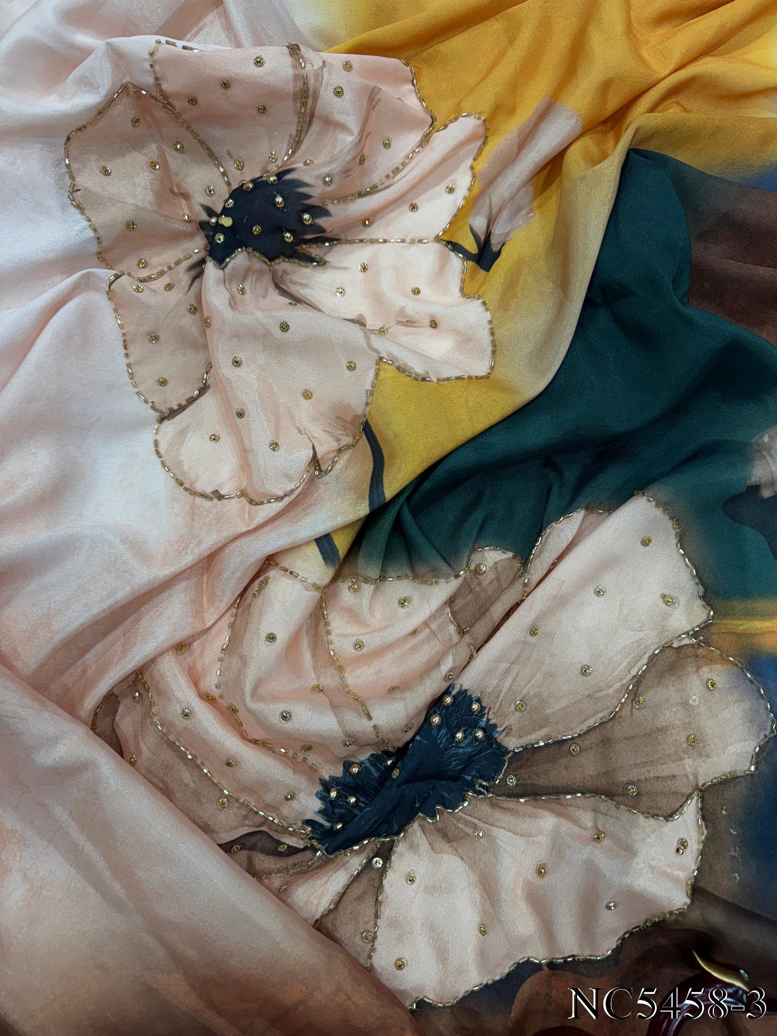 Satin Crepe&nbsp;saree with HandWork on all over the saree