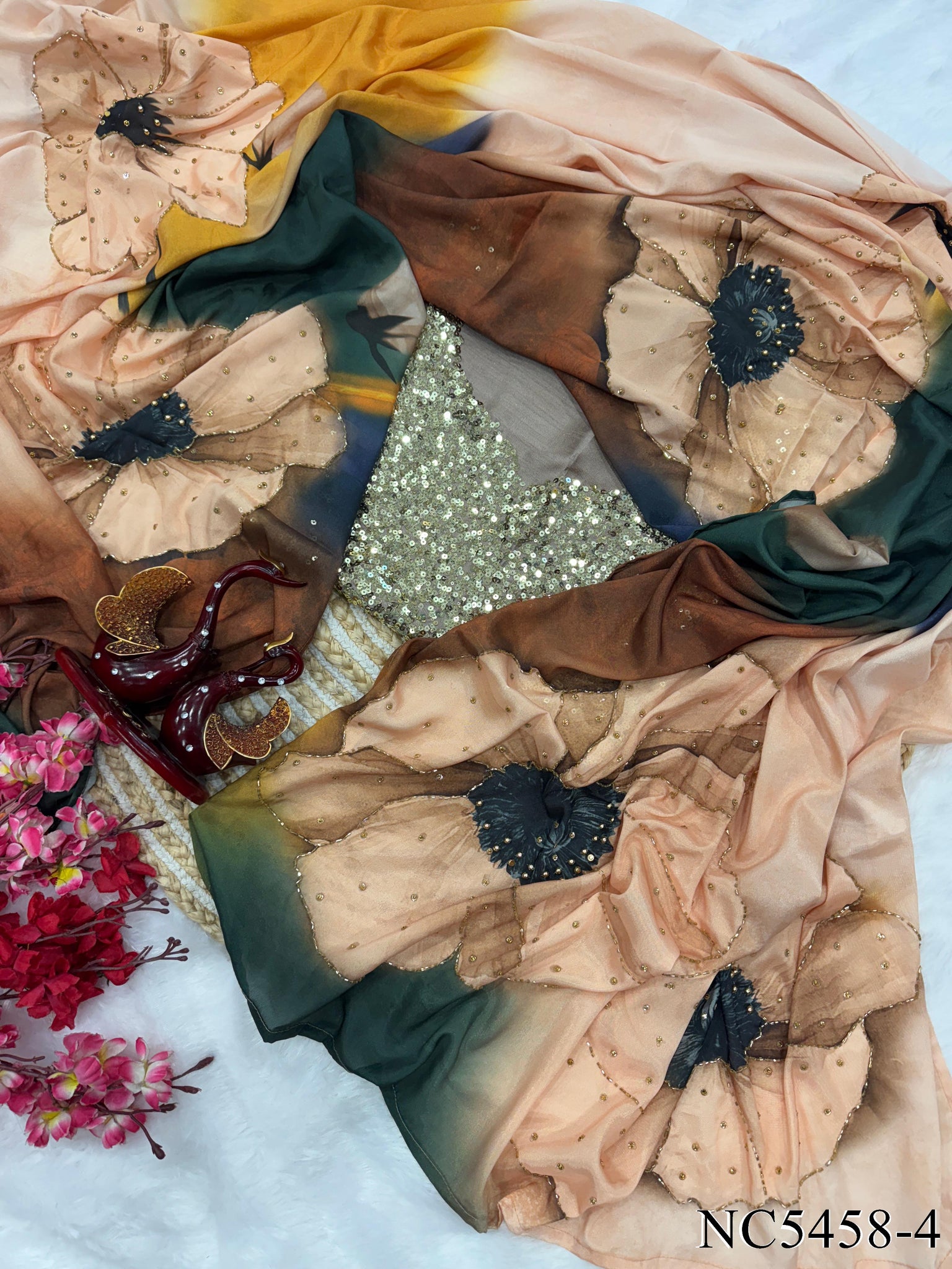 Satin Crepe&nbsp;saree with HandWork on all over the saree