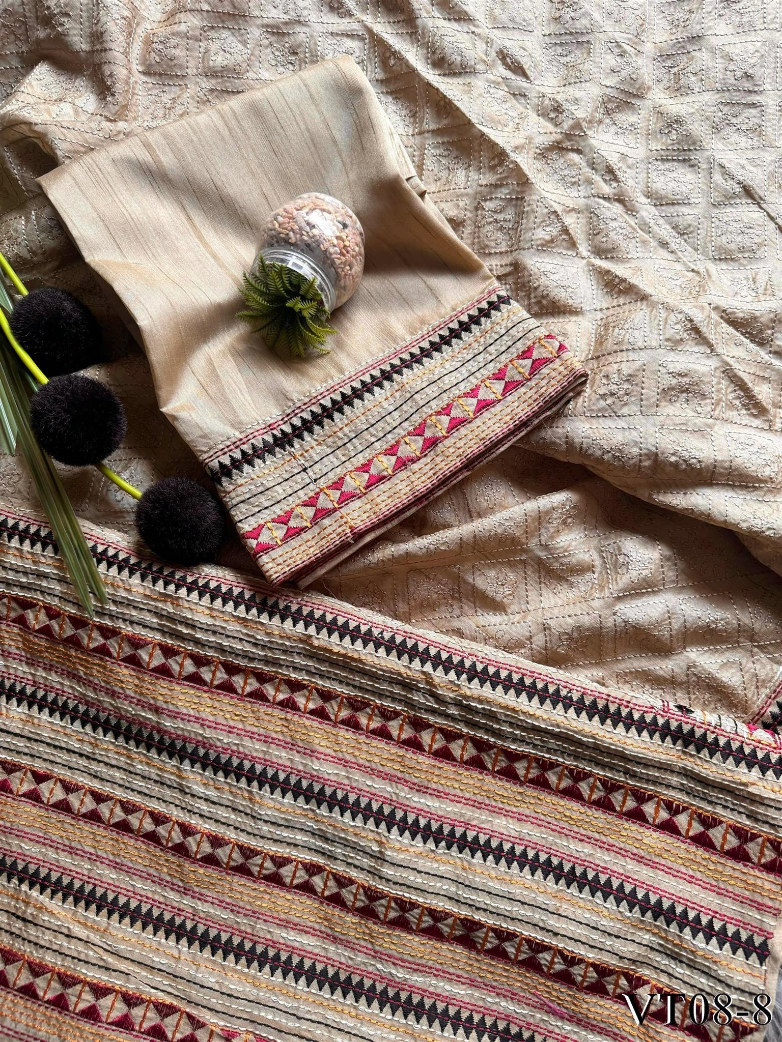 Primium Soft Tussar Silk saree with Dicent Multy Colors Katha Work on all over the saree