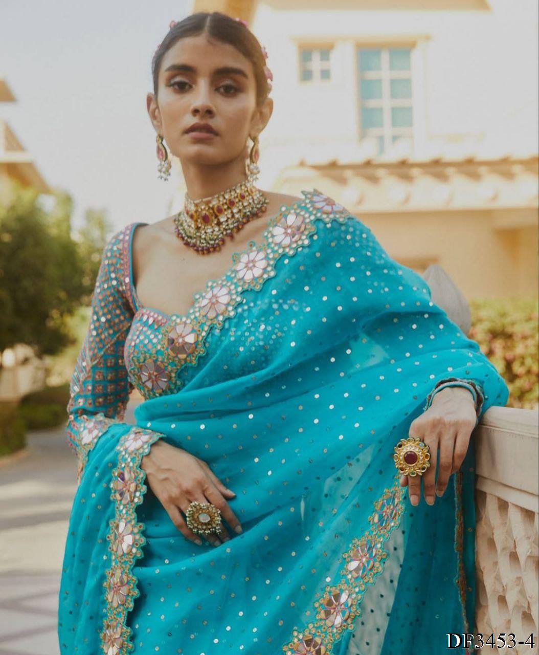 Faux Georgette saree with Coading Lace Border Work on all over the saree