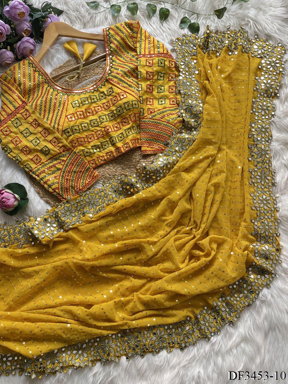 Faux Georgette saree with Coading Lace Border Work on all over the saree