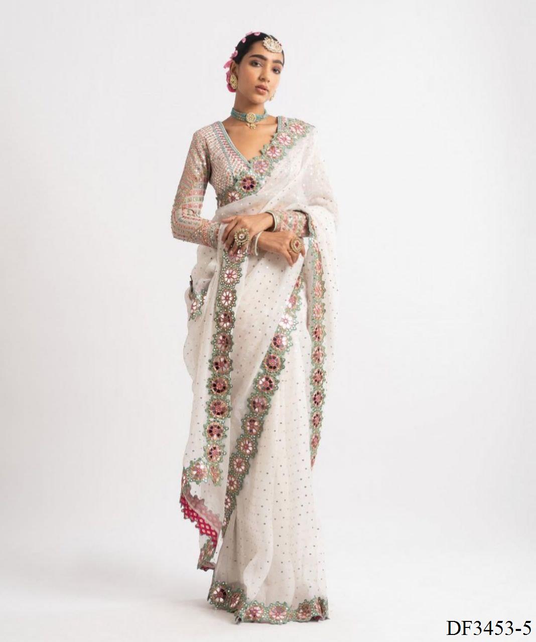 Faux Georgette saree with Coading Lace Border Work on all over the saree