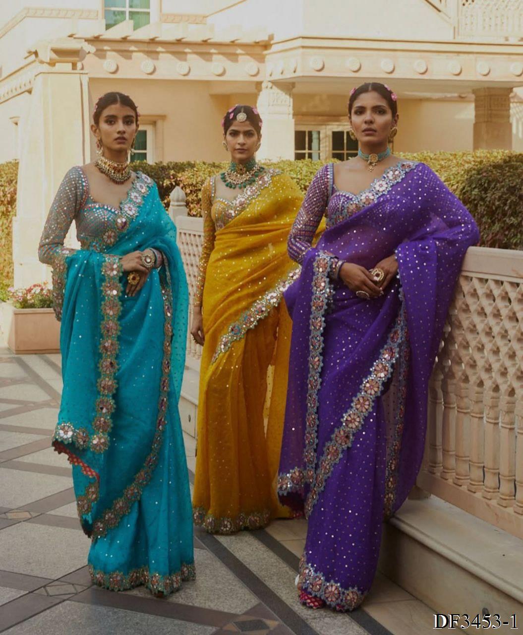 Faux Georgette saree with Coading Lace Border Work on all over the saree