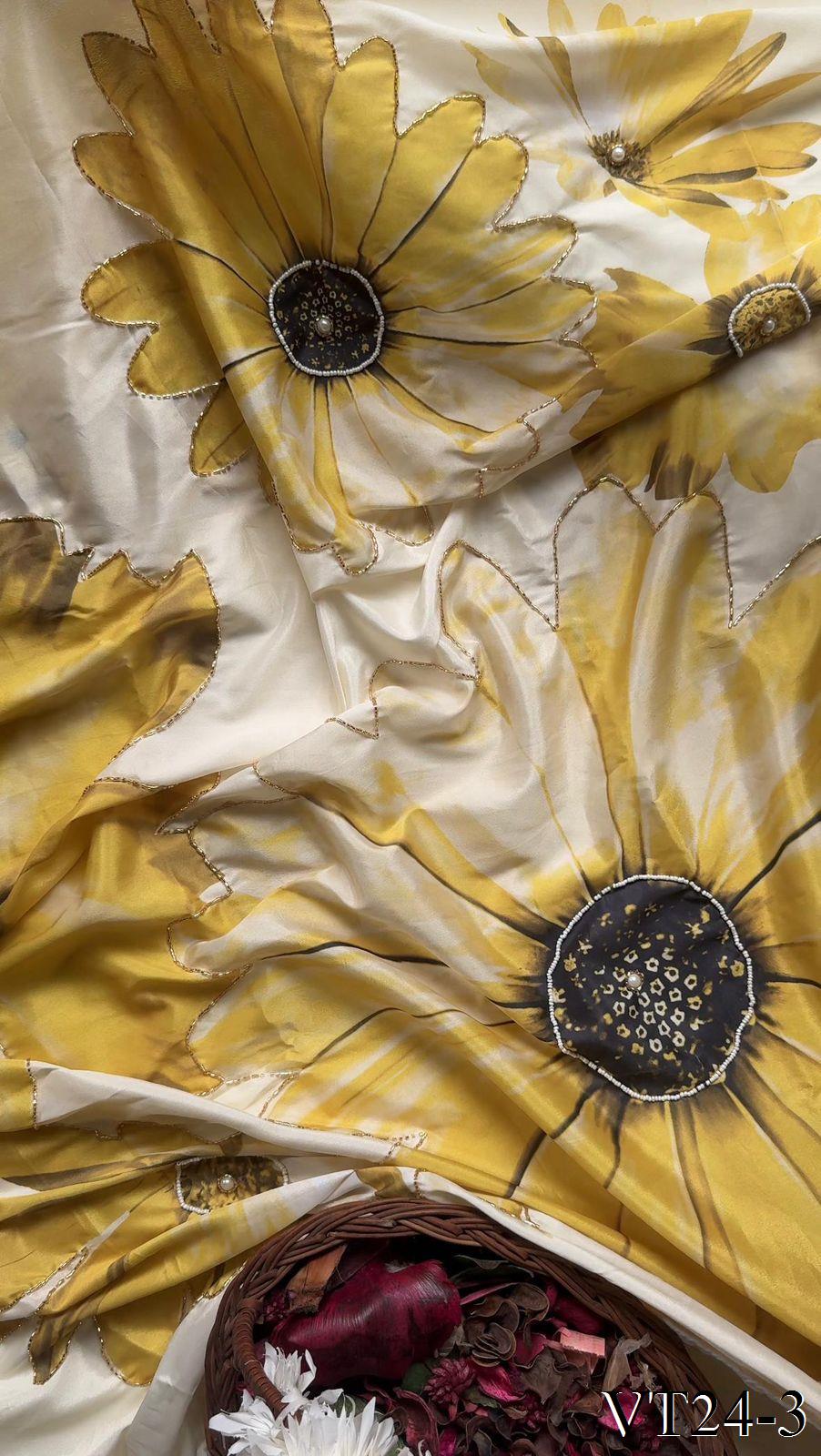 Pure Crepe Satin Silk saree with Digital Print Moti Bits Work on all over the saree