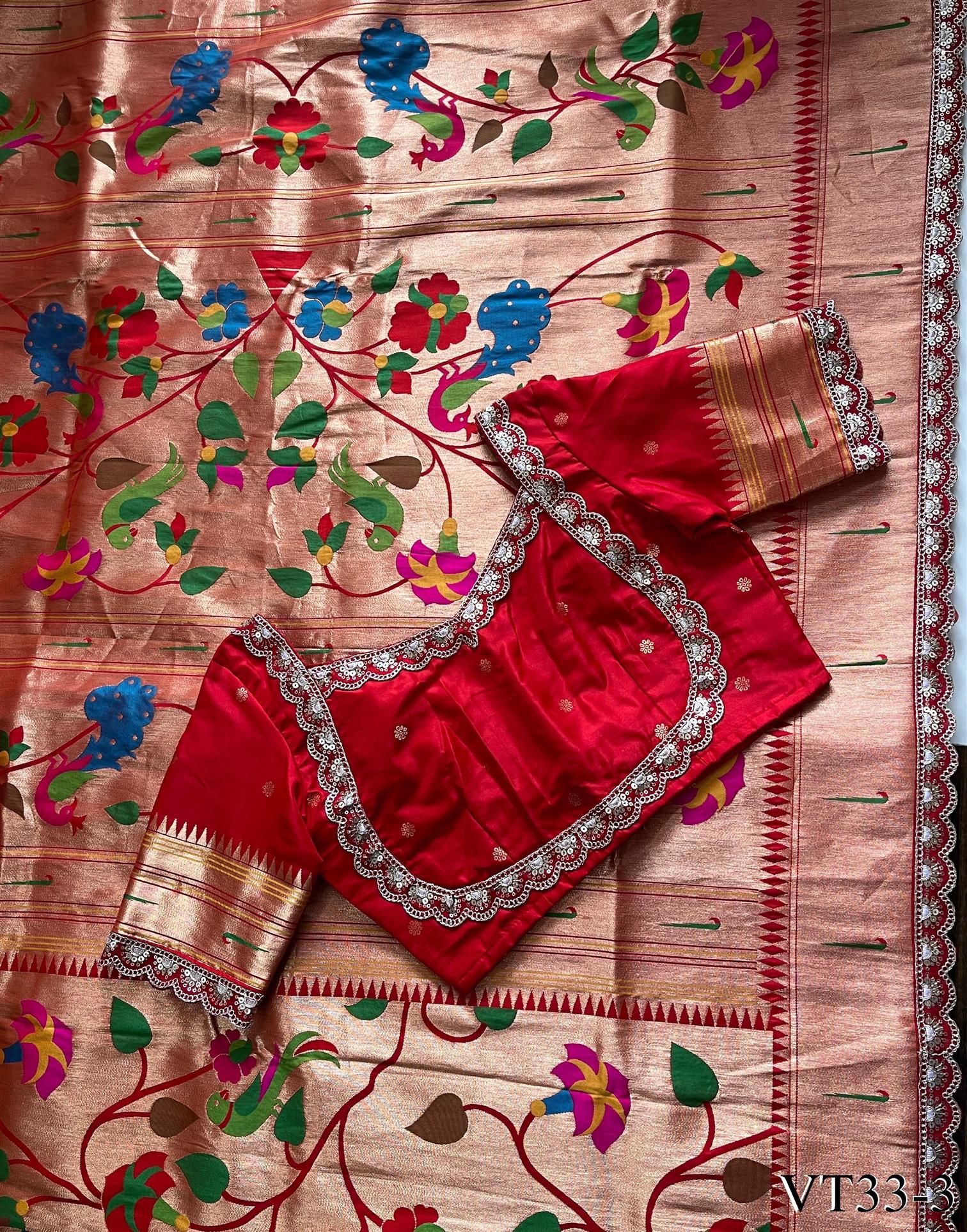 Banarasi pattu with Sequence and shown Paithani Muniya Borde work the saree