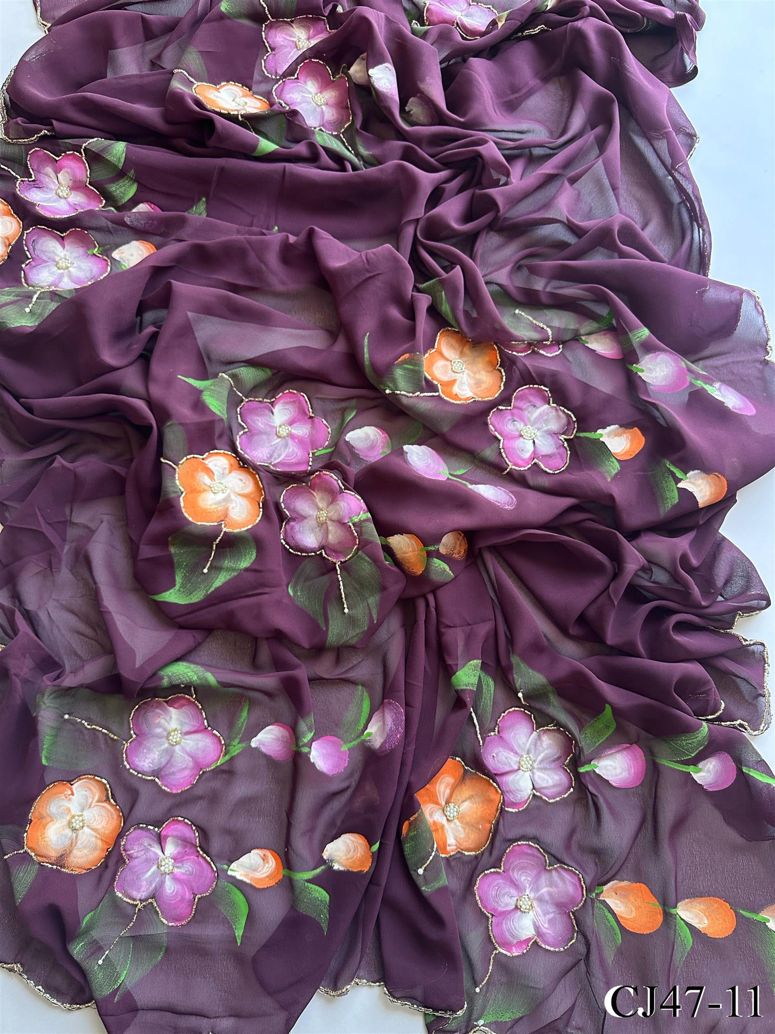 faux georgette sareewith Heavy Handprin Handwork Cut Dana Pearl work the saree