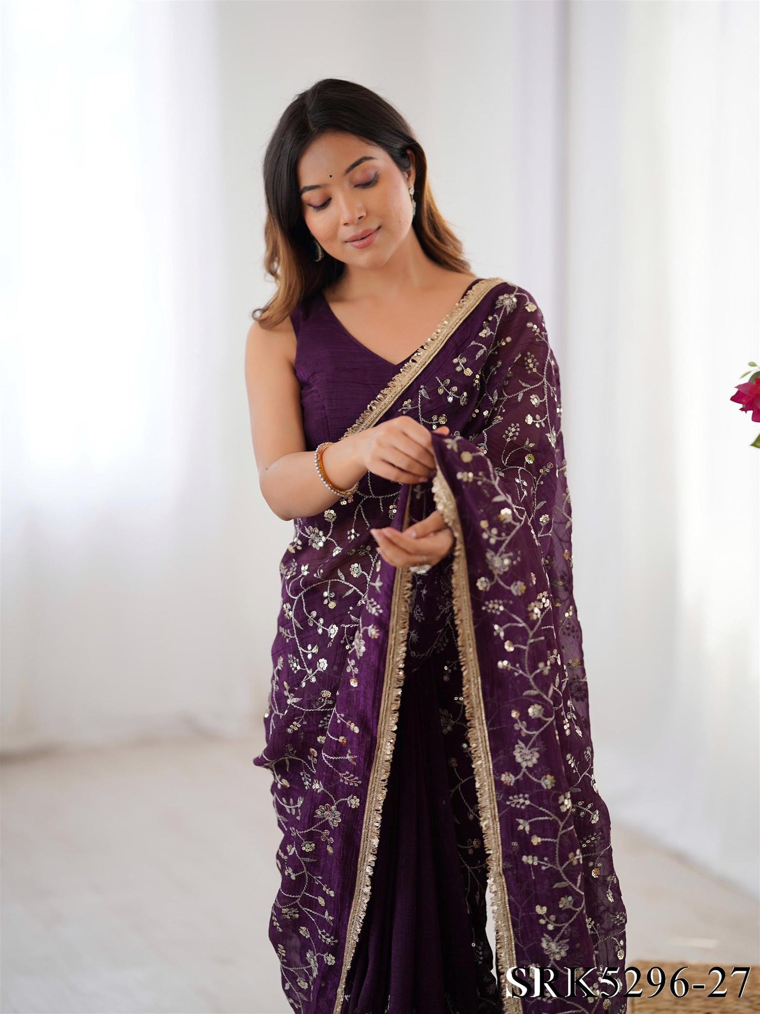 Crunchy Silk saree with Heavy Embroidery Sequnce work the saree