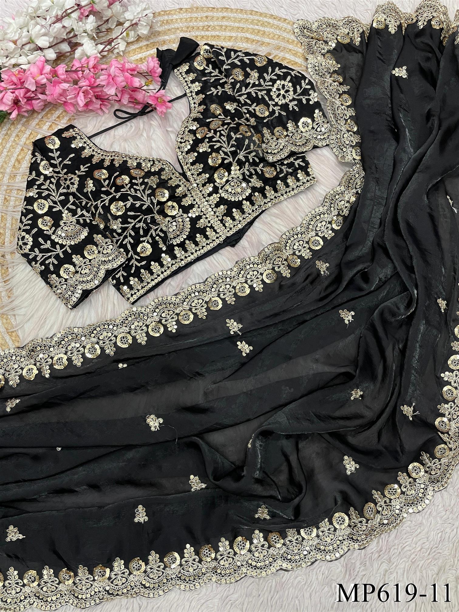 Fendy Satin Silk Saree With Sequins with Jari Dori Embroidery work