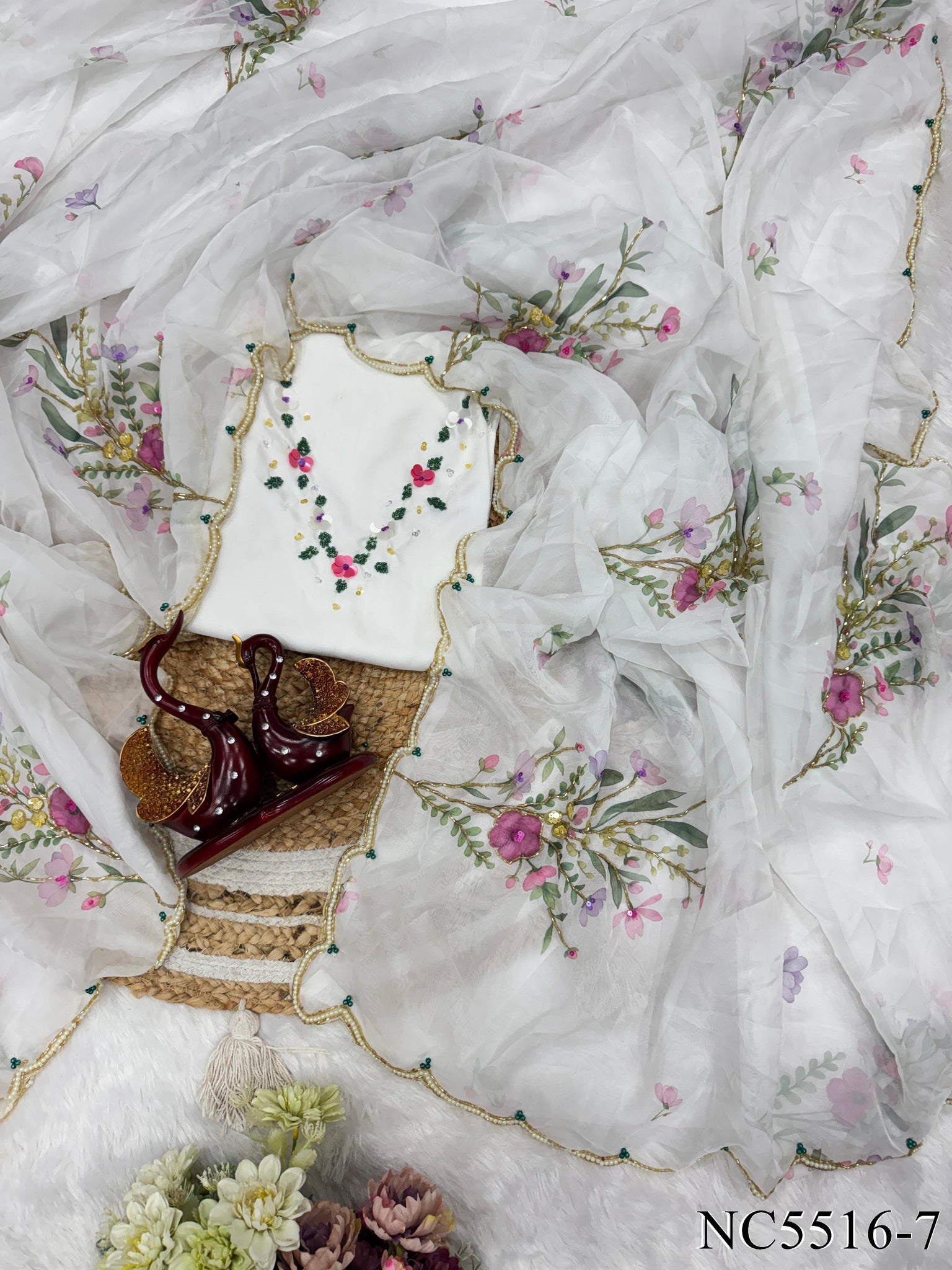 Soft Tebby Silk Saree With Beautiful floral print with beads work