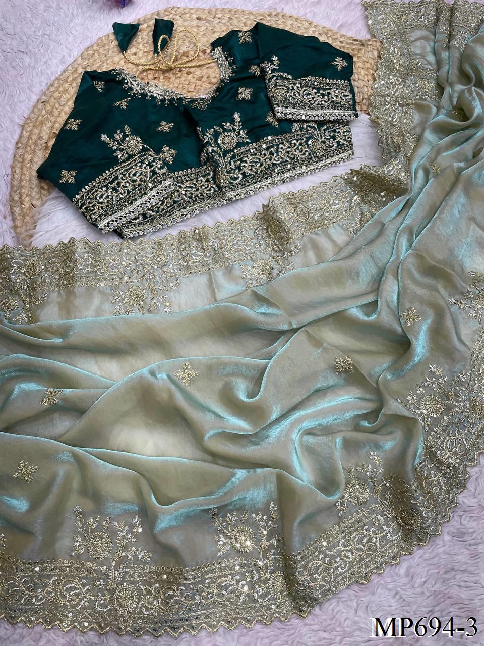 Fendy Sattin Saree With C -pallu 3 mm multi sequence embroidery work