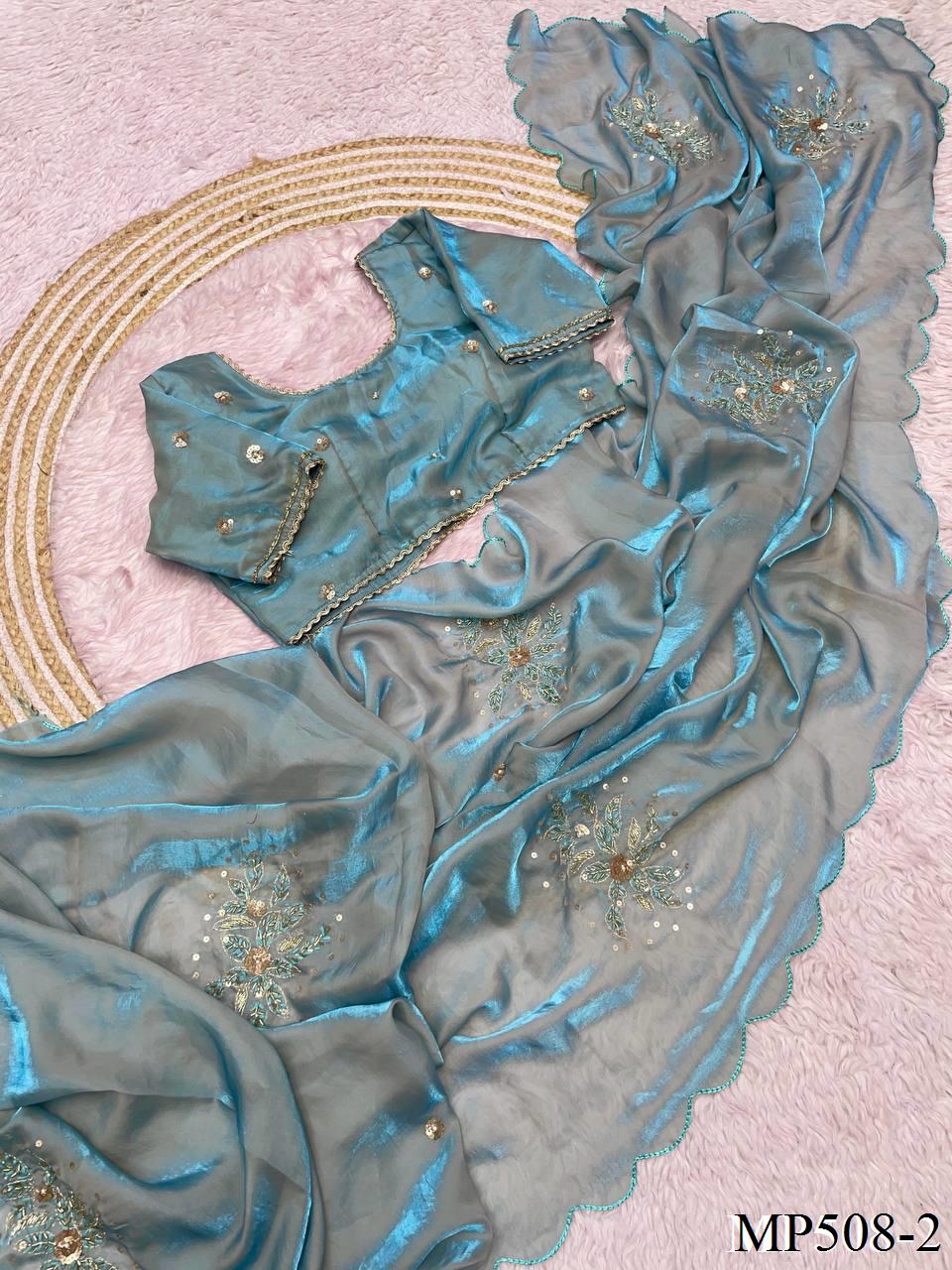 Fendy Sattin Saree With Beautiful khatli cut Dena Handwork