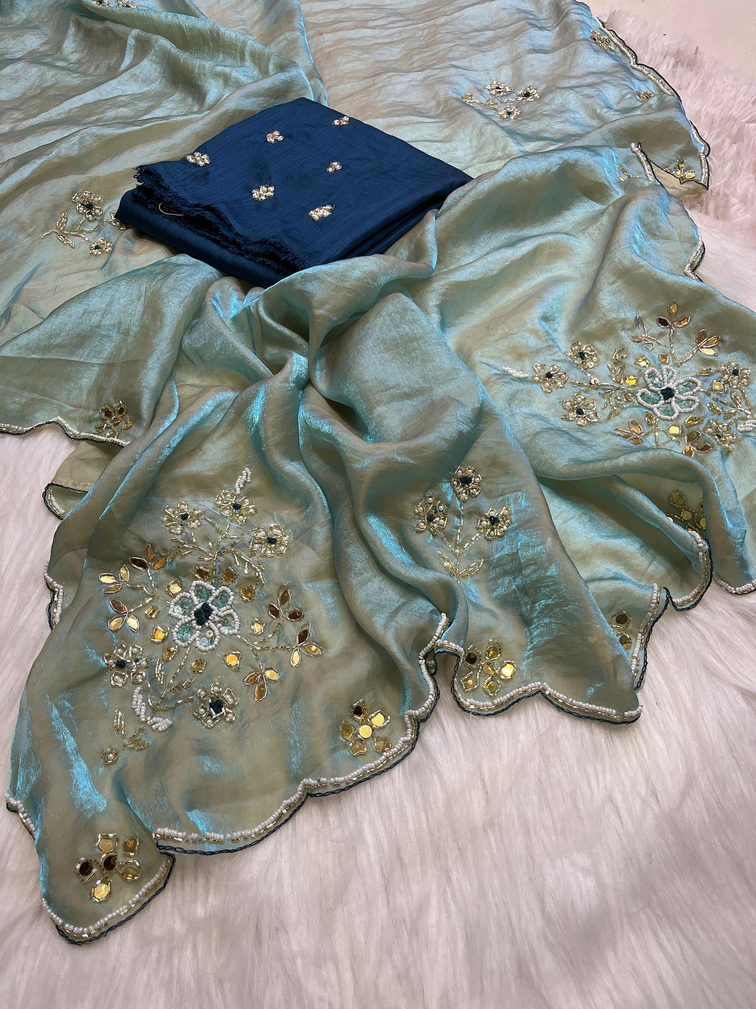 Handwork Fandi Satin Saree With Designer Cutowork Moti Blouse