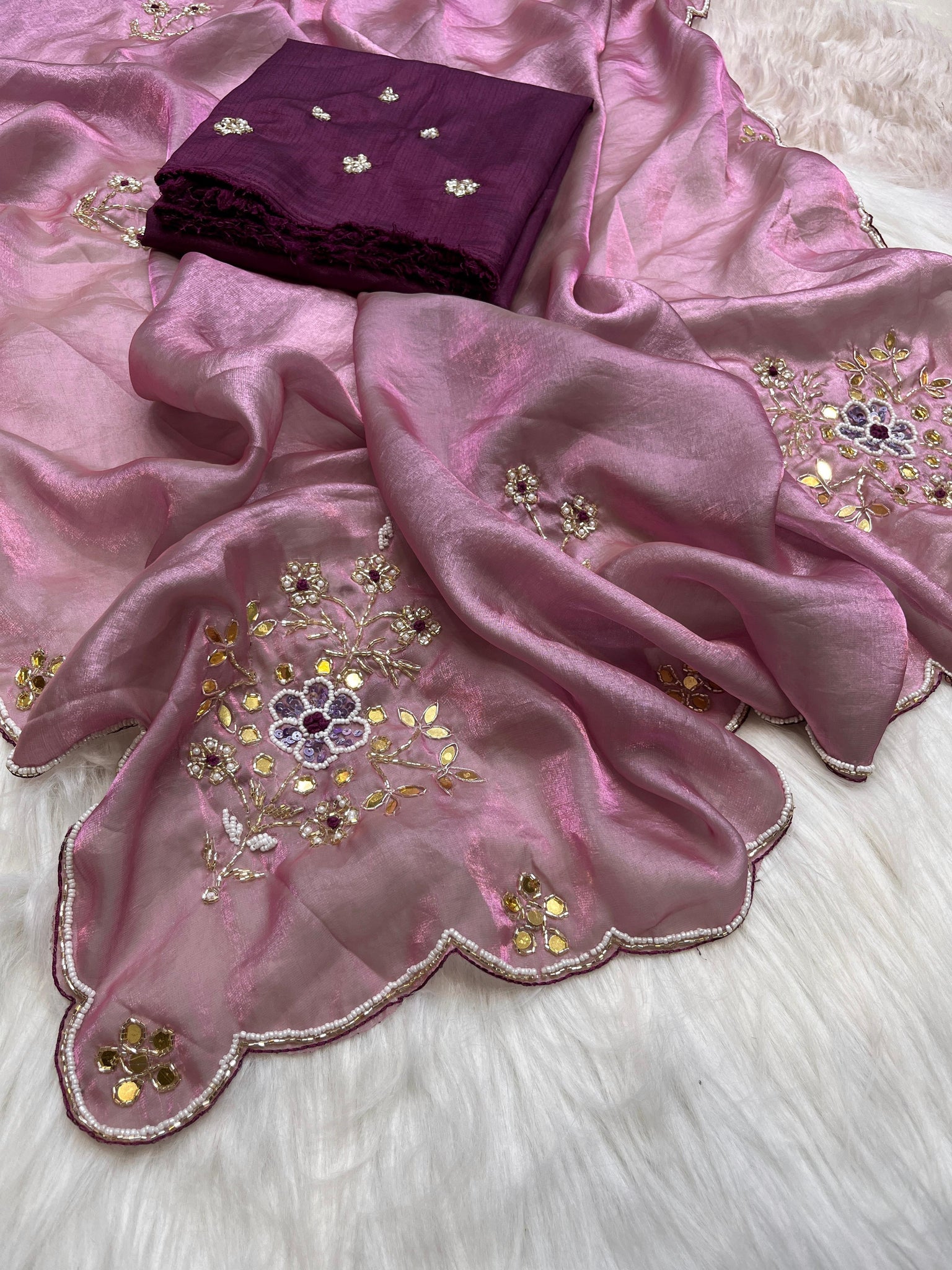 Handwork Fandi Satin Saree With Designer Cutowork Moti Blouse