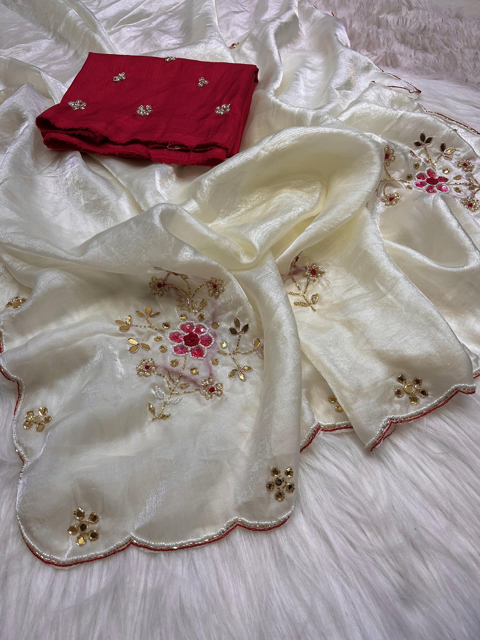 Handwork Fandi Satin Saree With Designer Cutowork Moti Blouse