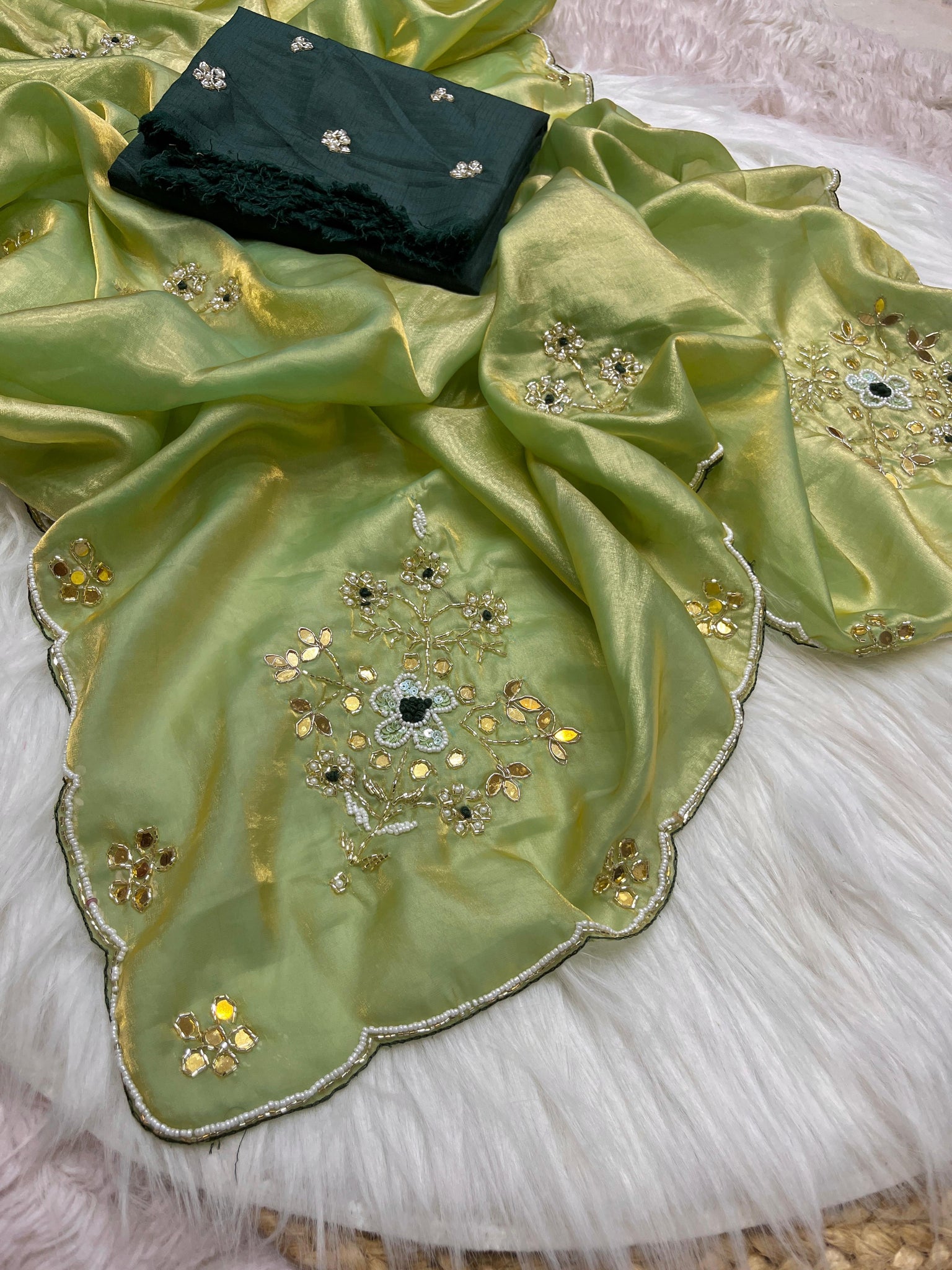 Handwork Fandi Satin Saree With Designer Cutowork Moti Blouse