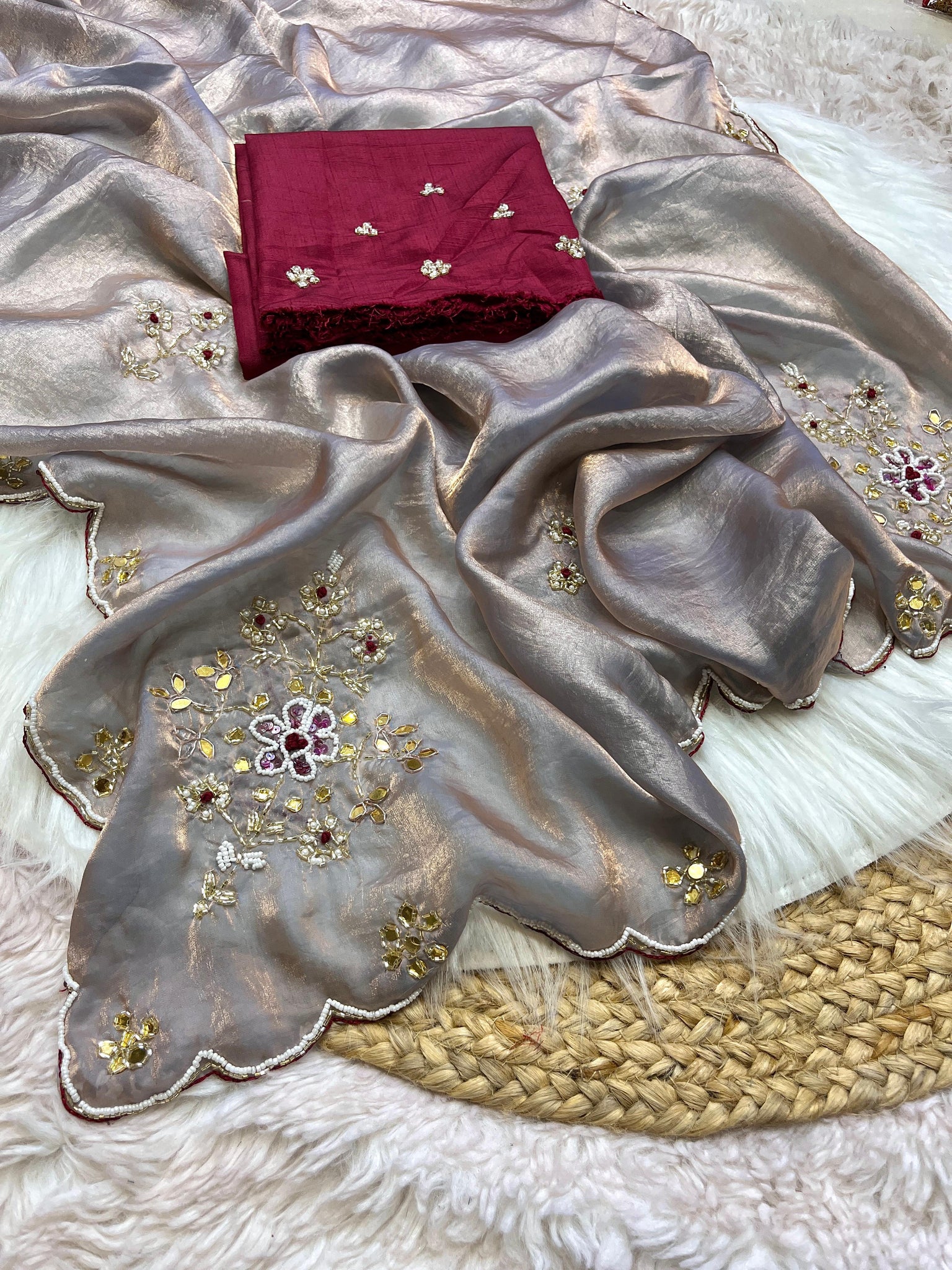 Handwork Fandi Satin Saree With Designer Cutowork Moti Blouse