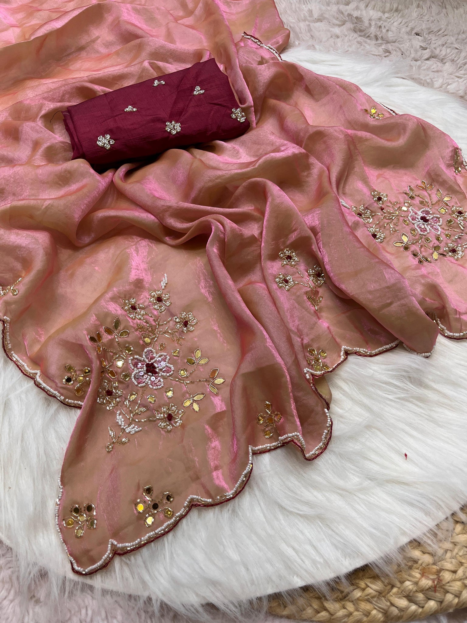 Handwork Fandi Satin Saree With Designer Cutowork Moti Blouse