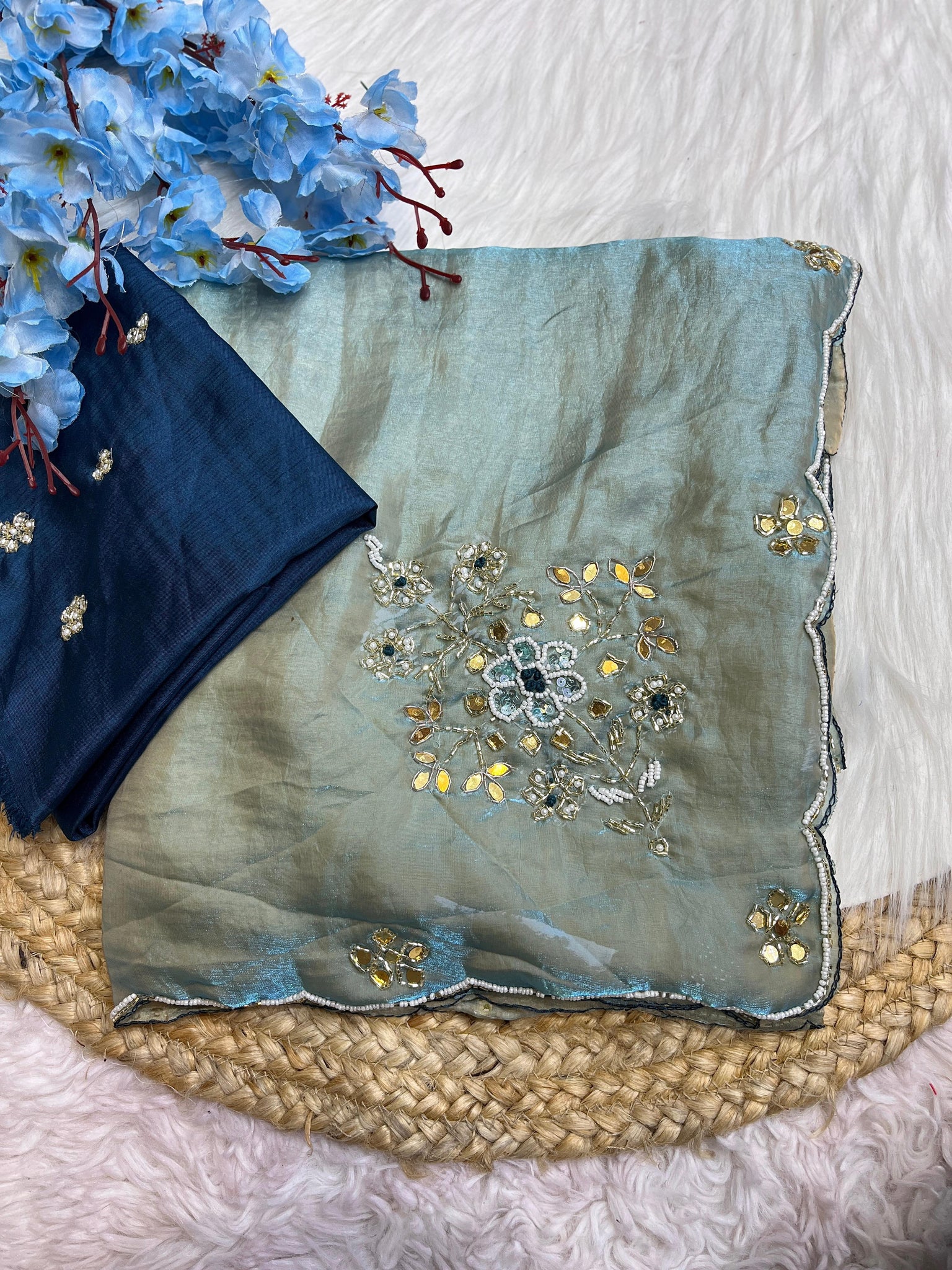 Handwork Fandi Satin Saree With Designer Cutowork Moti Blouse