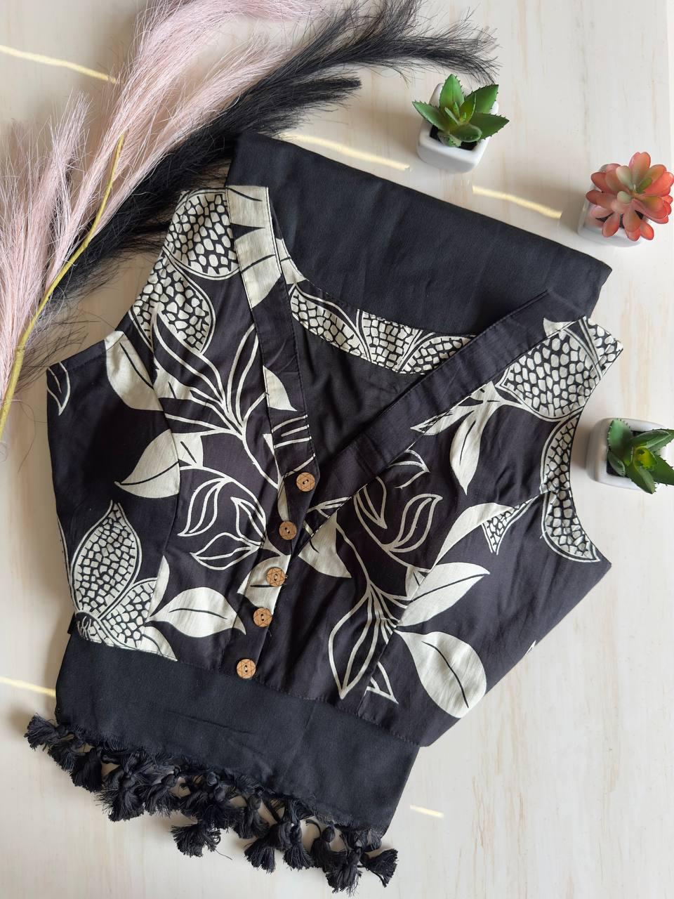Colourful Black Handloom Pure Cotton Saree With Designer Stitched Blouse