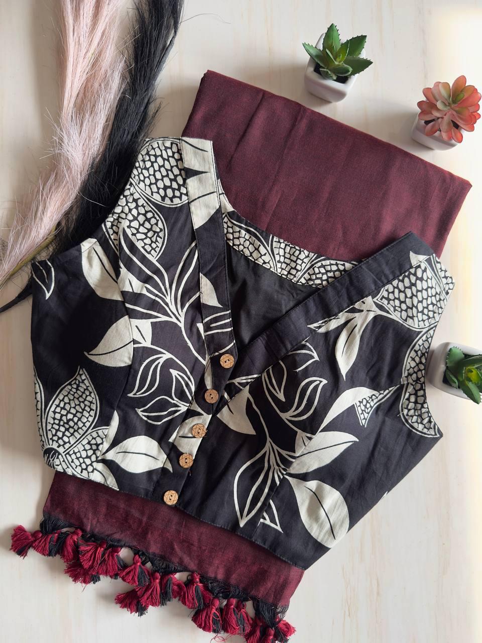 Colourful Maroon Handloom Pure Saree With Designer Stitched Blouse