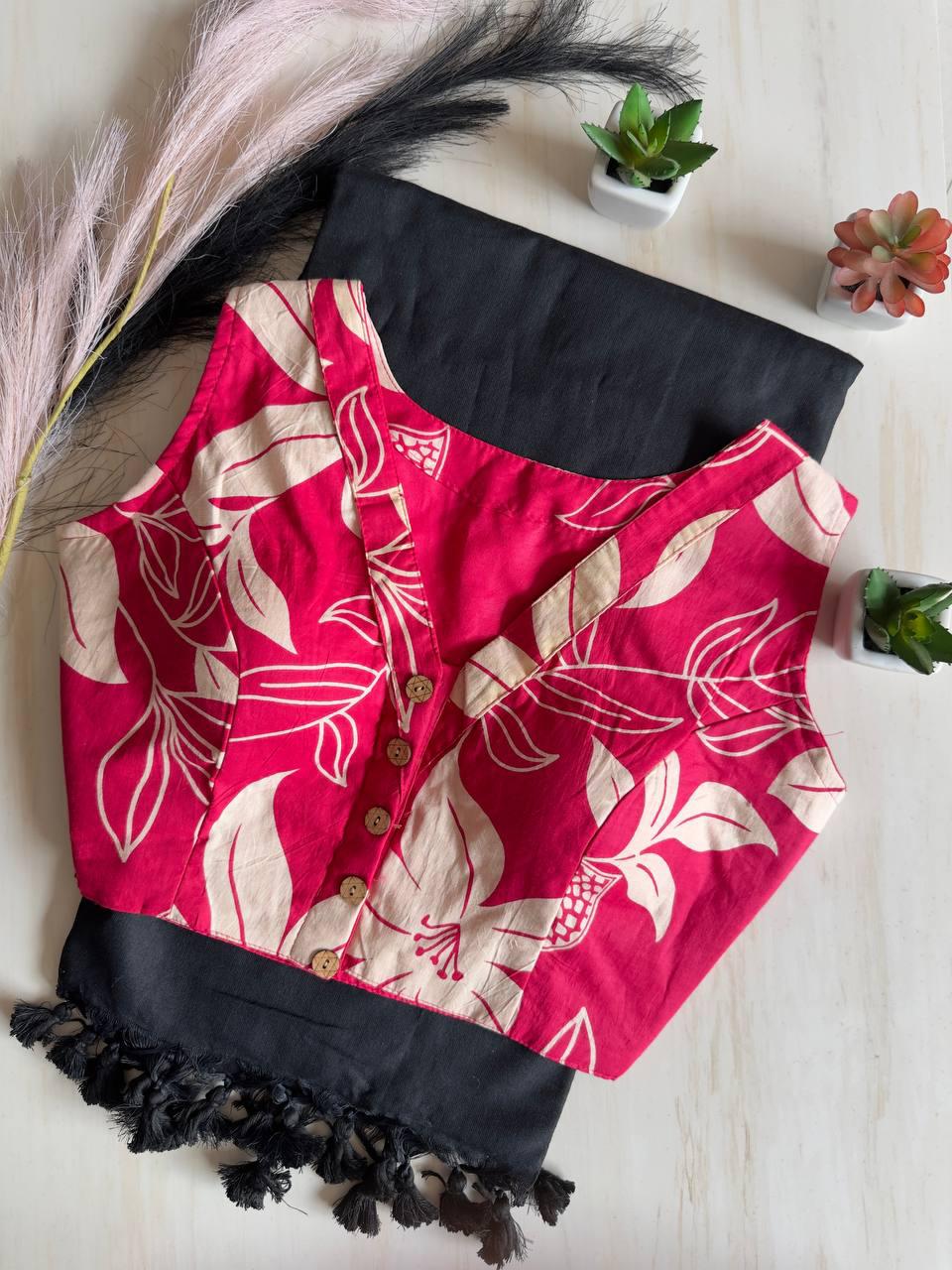 Colourful Black Handloom Pure Cotton Saree With Designer Stitched Blouse