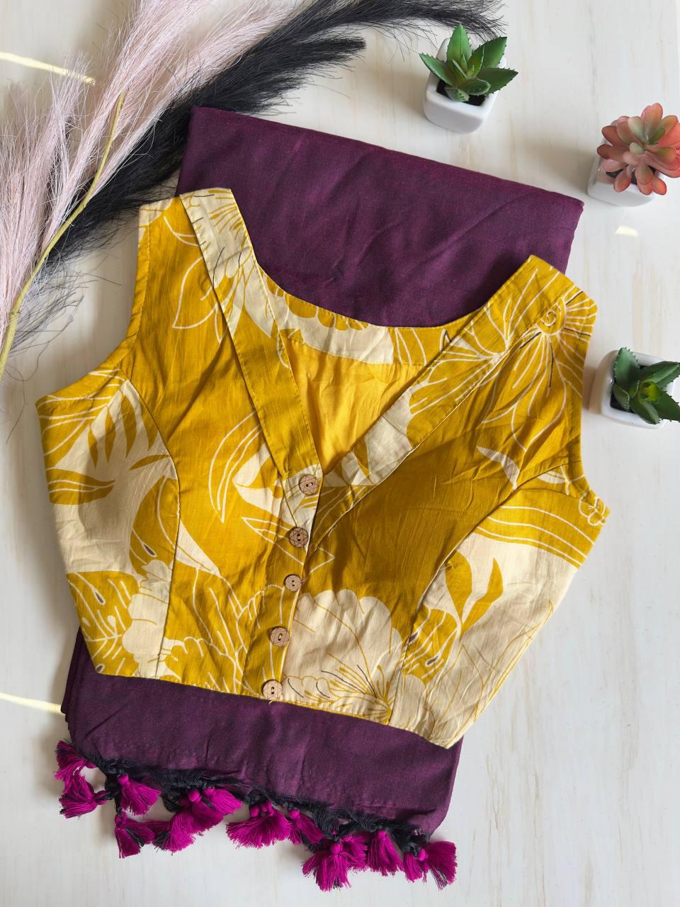 Colourful Wine Handloom Pure Cotton Saree With Designer Stitched Blouse