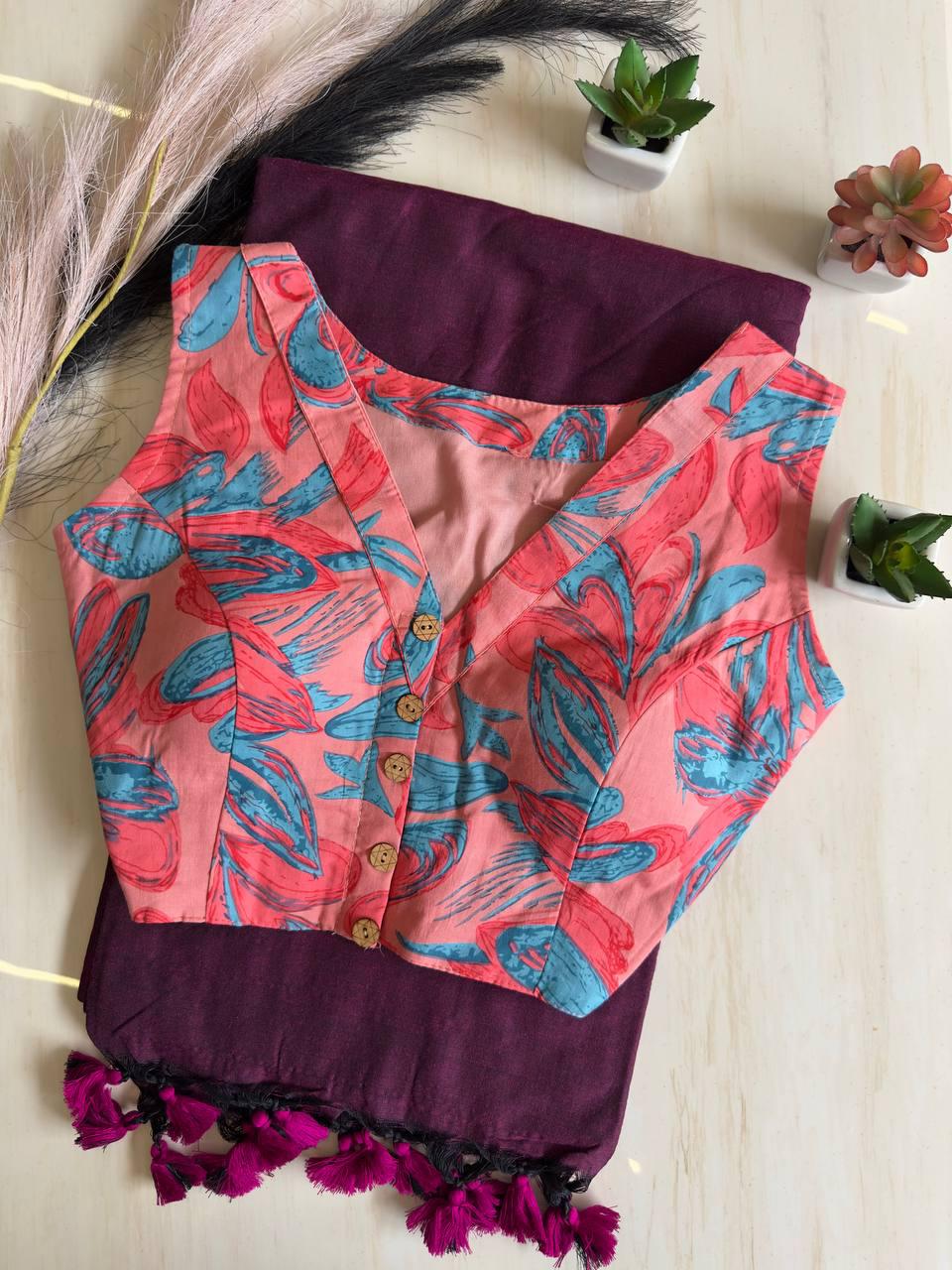 Colourful Wine Handloom Pure Cotton Saree With Designer Stitched Blouse