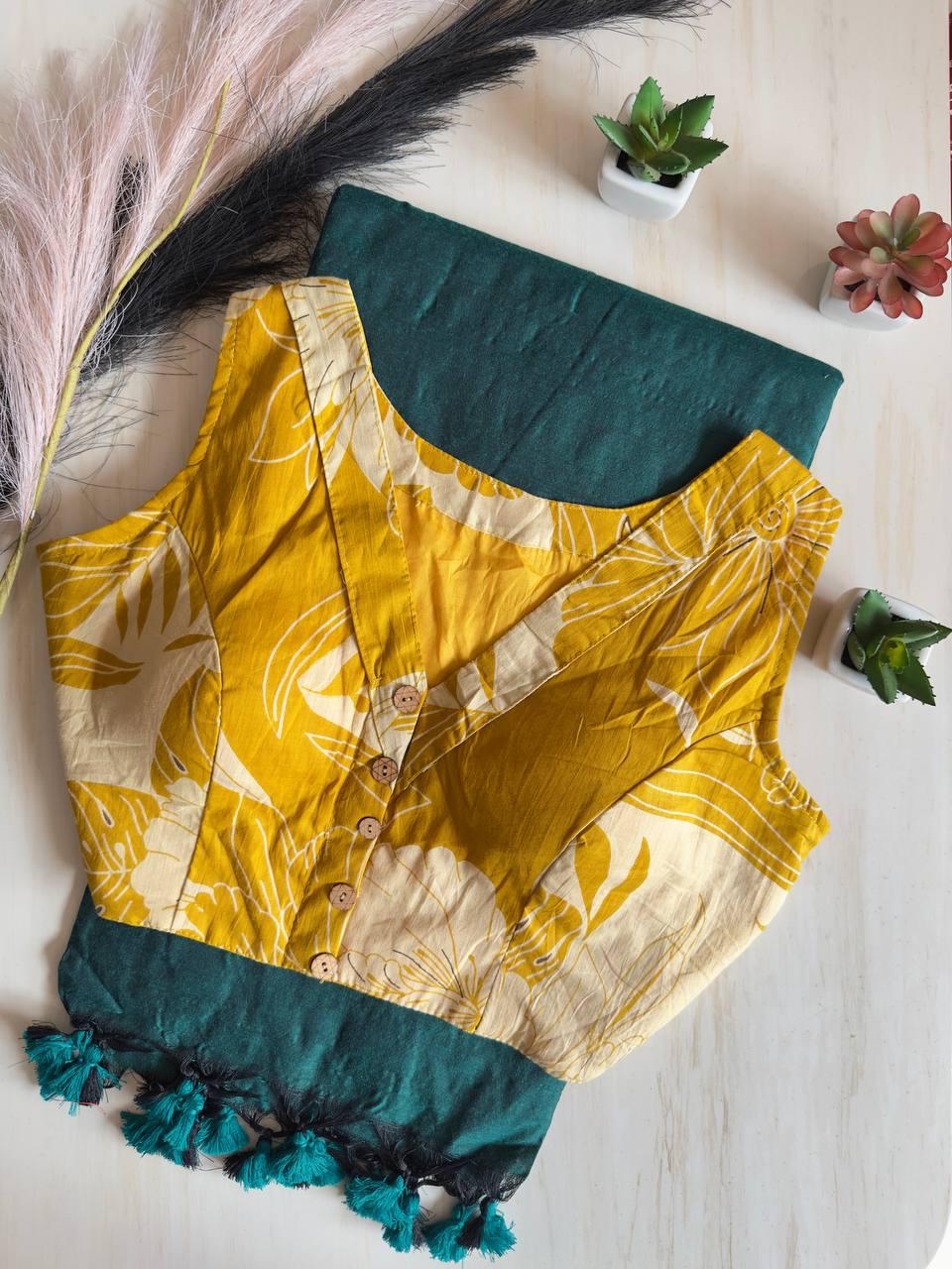 Colourful Rama Green Handloom Pure Cotton Saree With Designer Stitched Blouse
