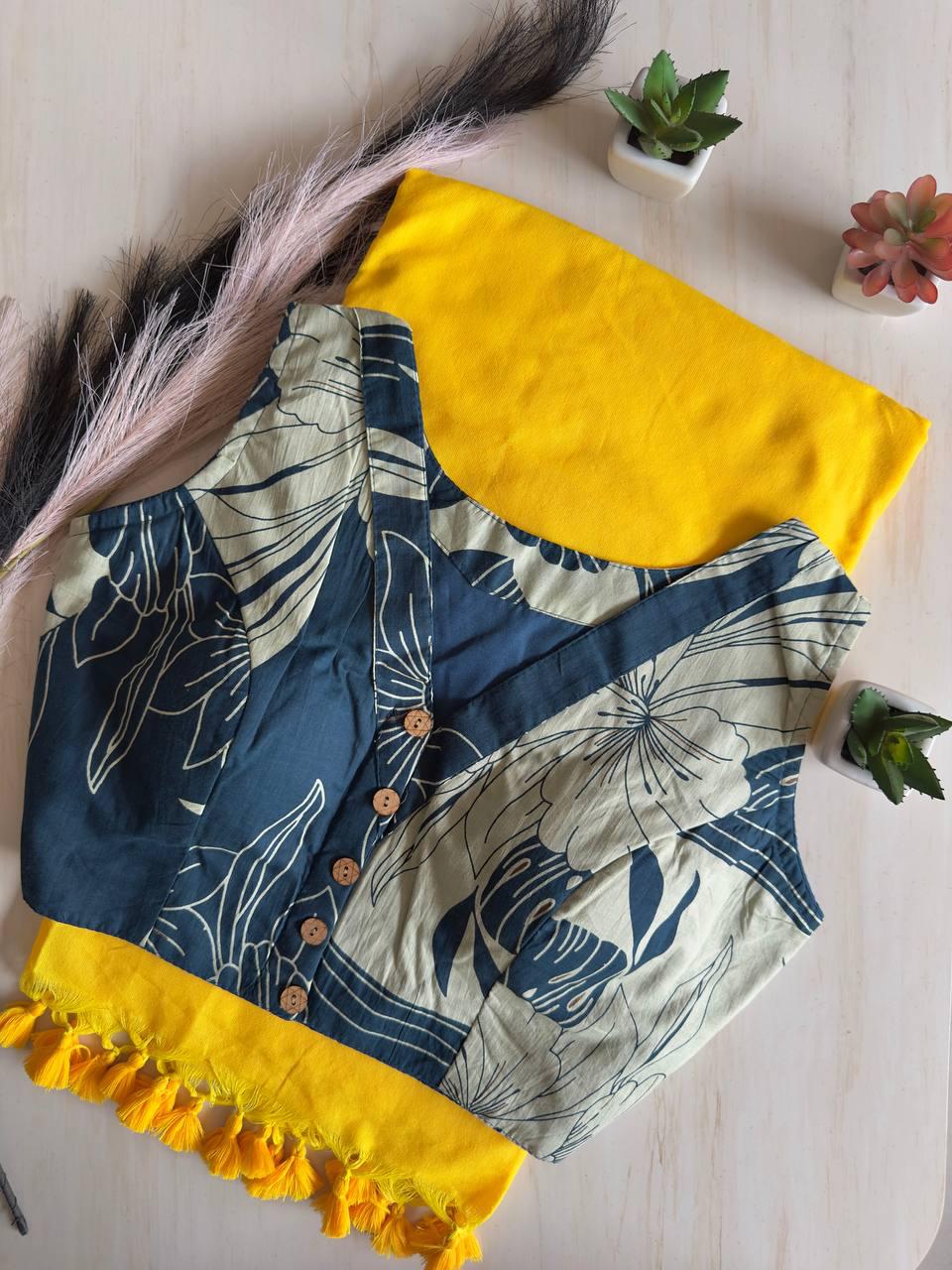 Colourful Yellow Handloom Pure Cotton Saree With Designer Stitched Blouse