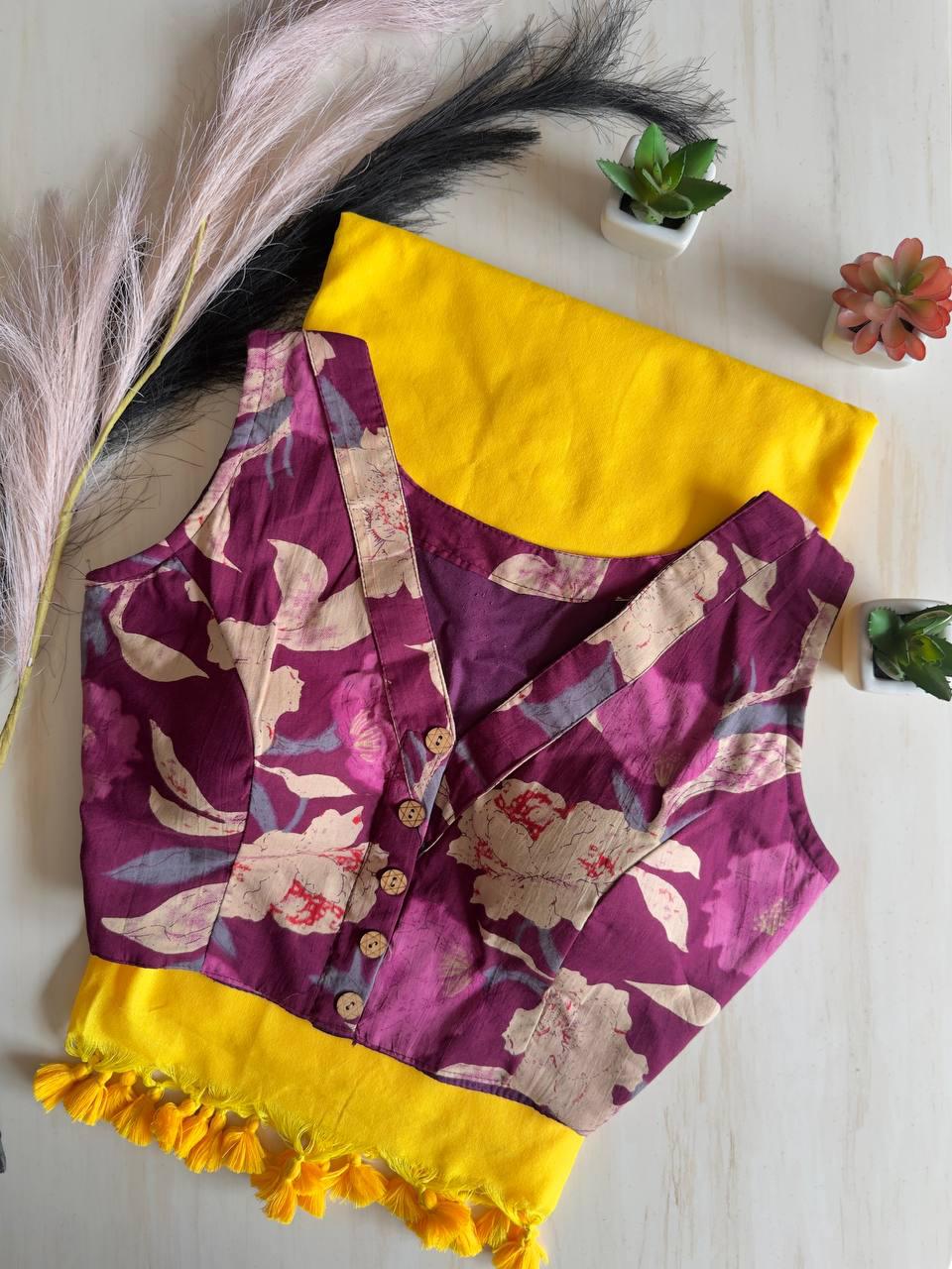 Colourful Yellow Handloom Pure Cotton Saree With Designer Stitched Blouse