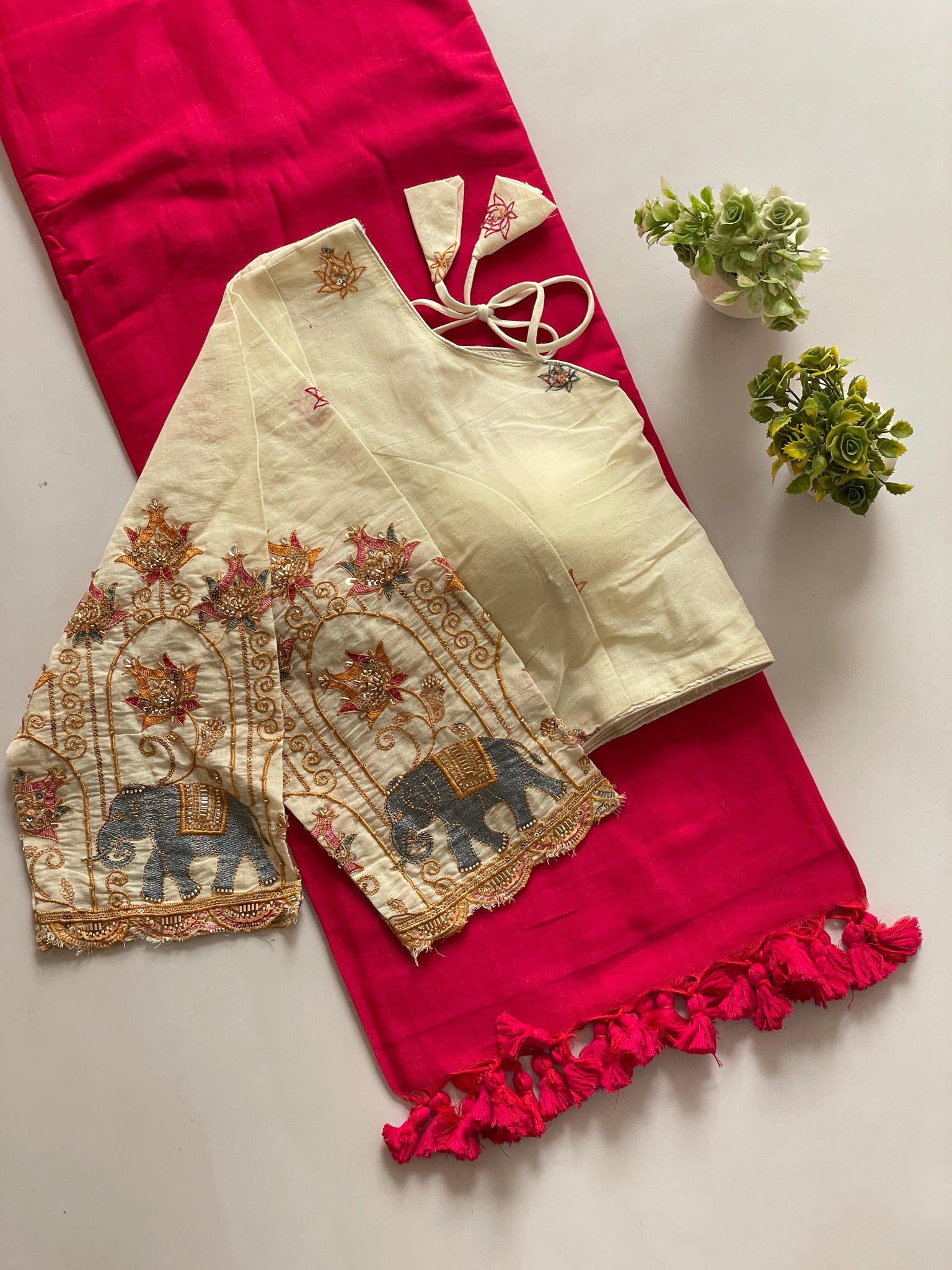 Handloom Pure Cotton Saree With Pom Pom Attached Border With Designer Stitched Blouse
