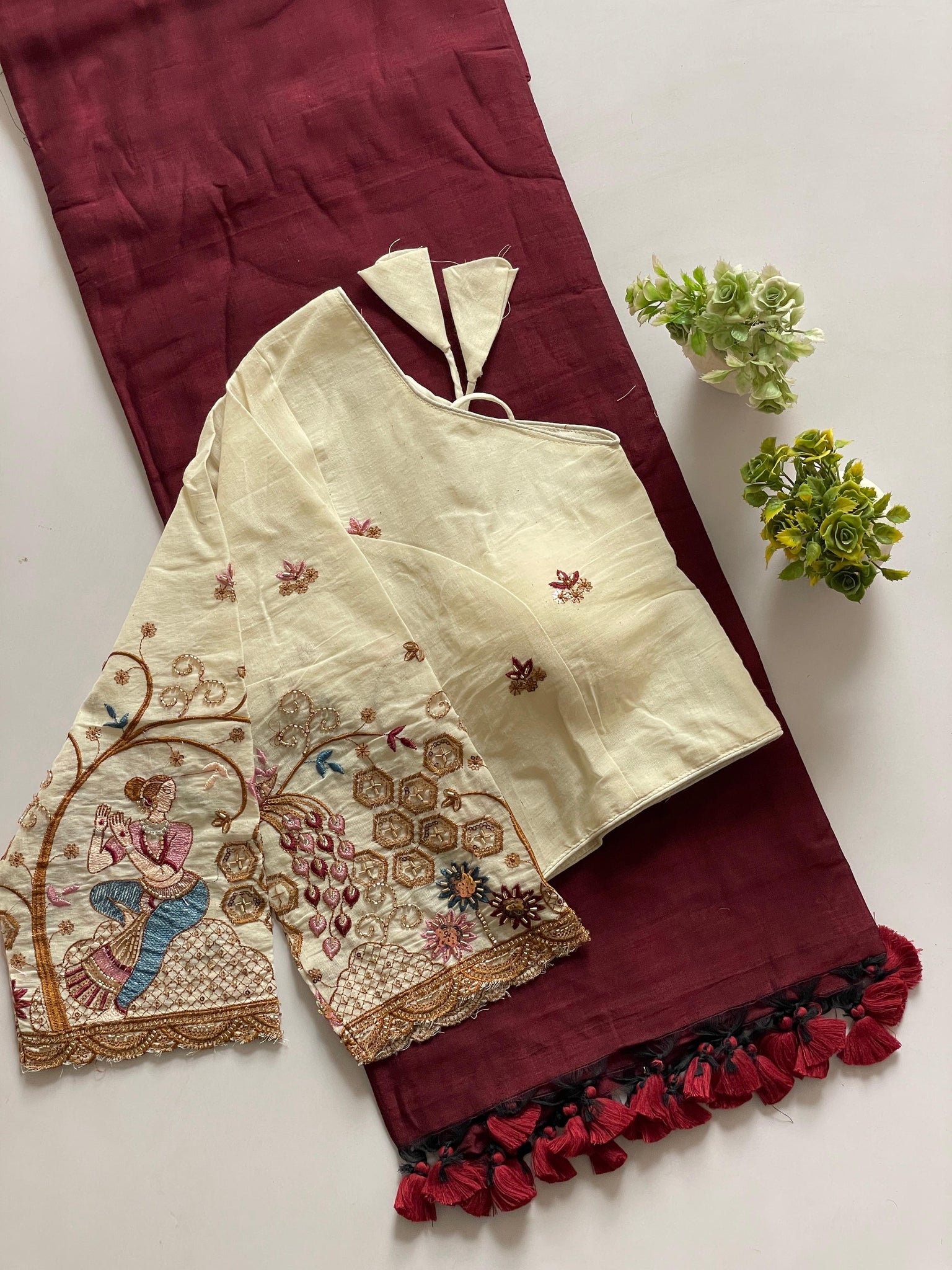 Handloom Pure Cotton Saree With Pom Pom Attached Border With Designer Stitched Blouse