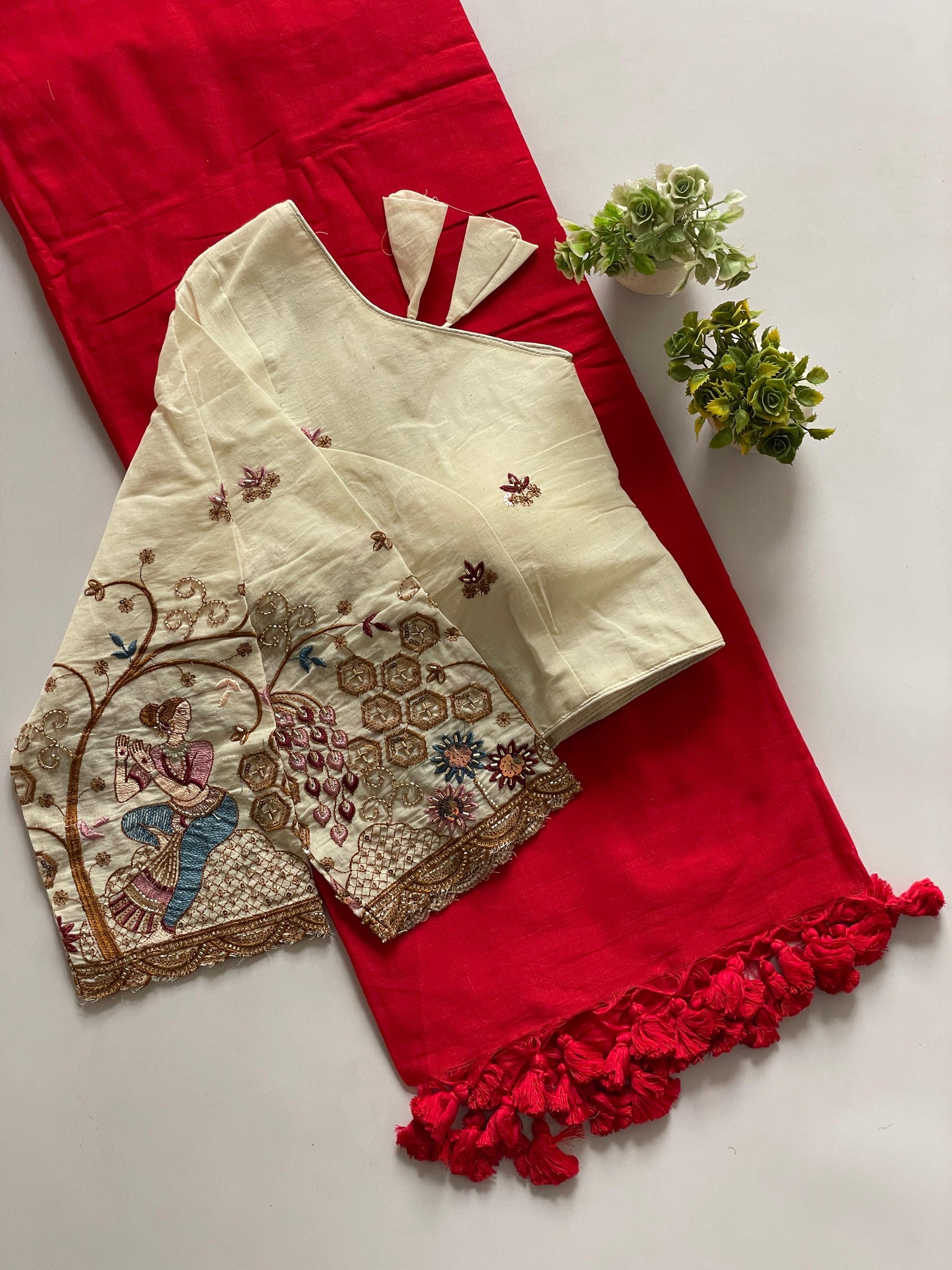 Handloom Pure Cotton Saree With Pom Pom Attached Border With Designer Stitched Blouse