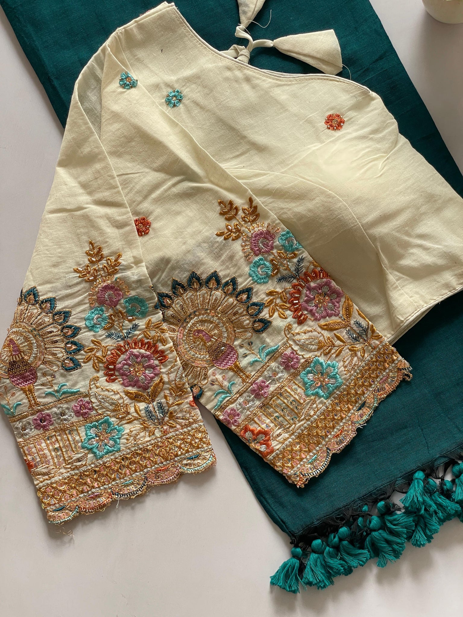 Handloom Pure Cotton Saree With Pom Pom Attached Border With Designer Stitched Blouse