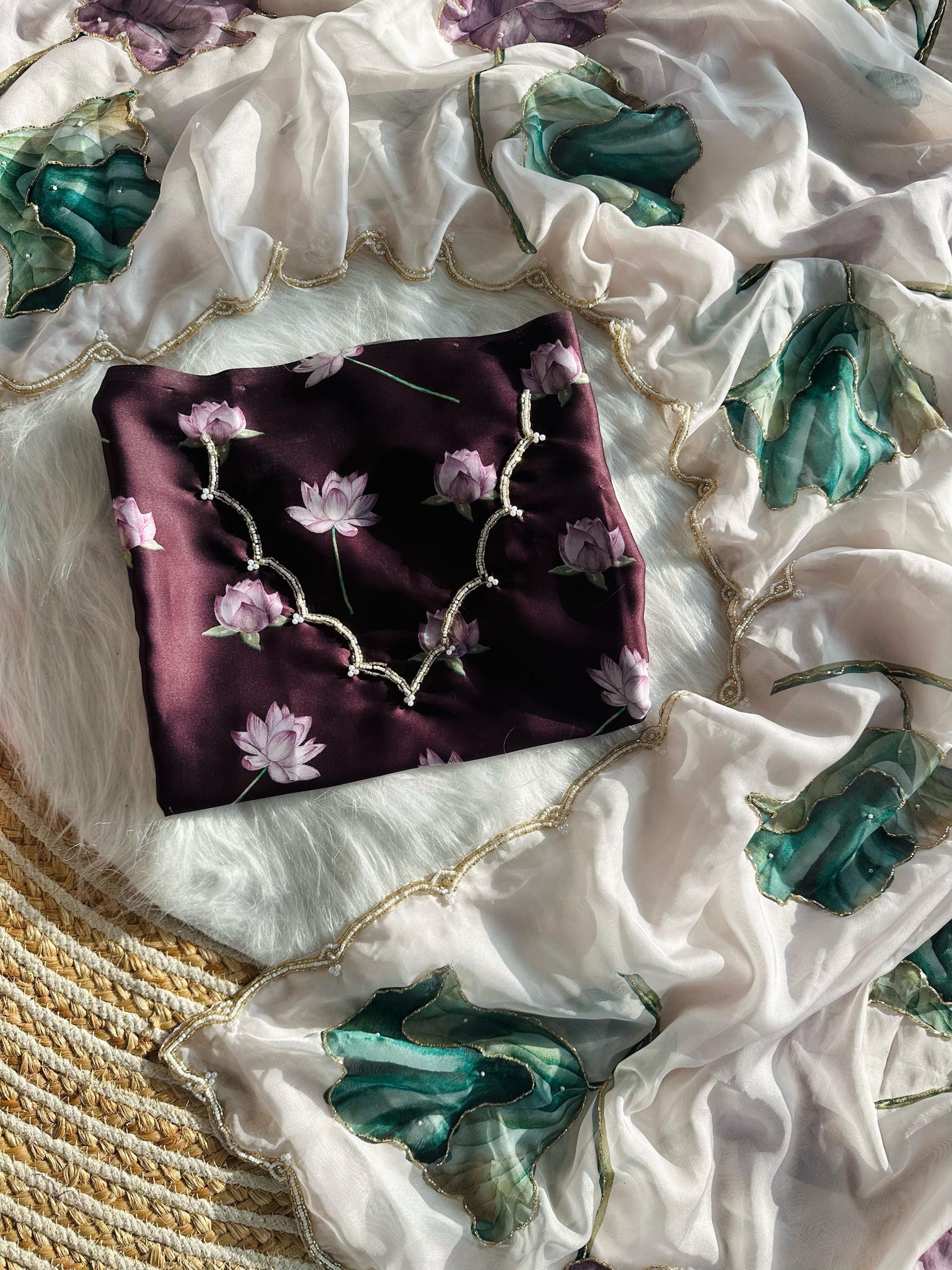 Luxurious Deep Soft mulmul organza with Beautiful print cover with handcrafted work all over saree