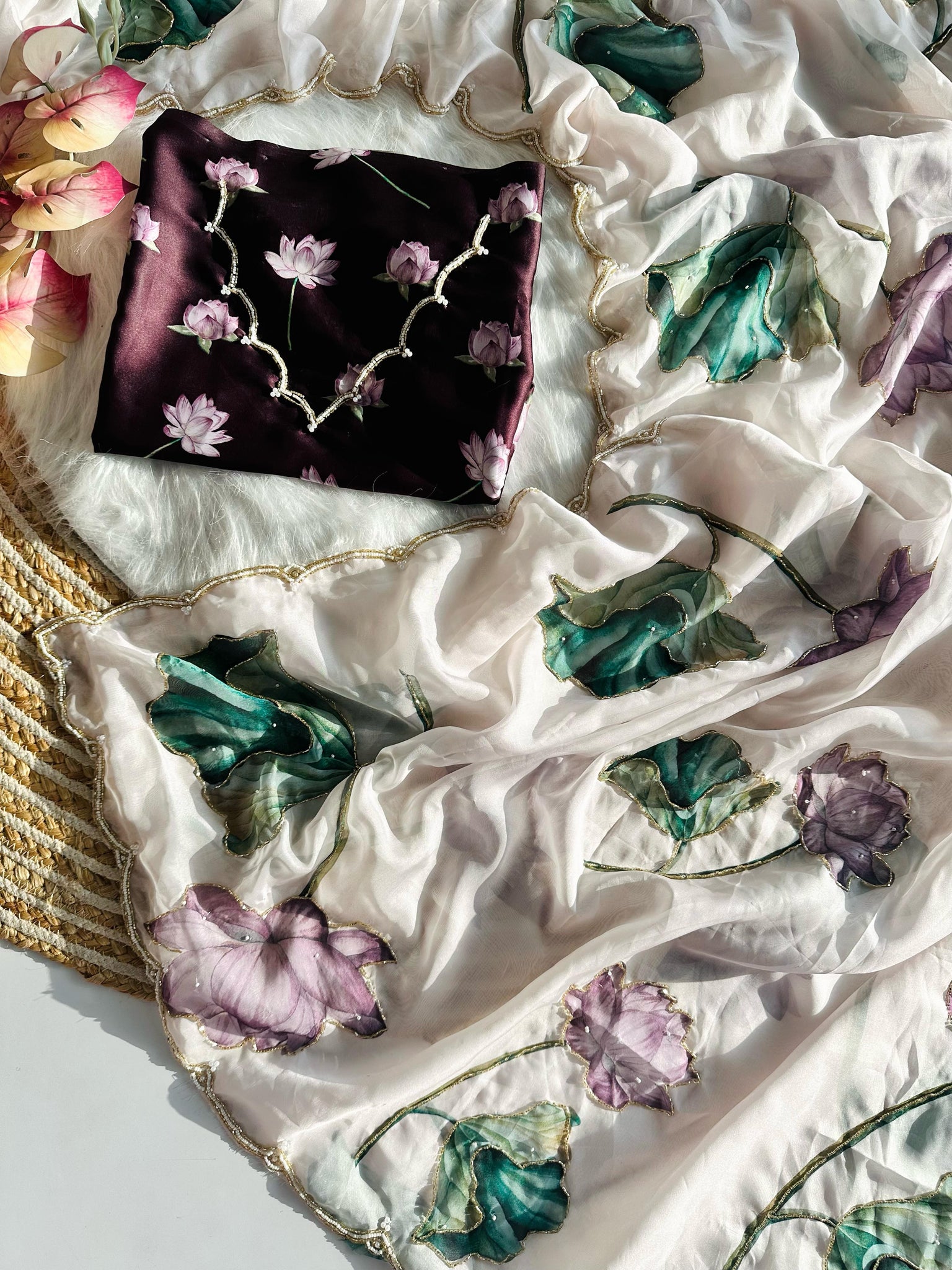 Luxurious Deep Soft mulmul organza with Beautiful print cover with handcrafted work all over saree