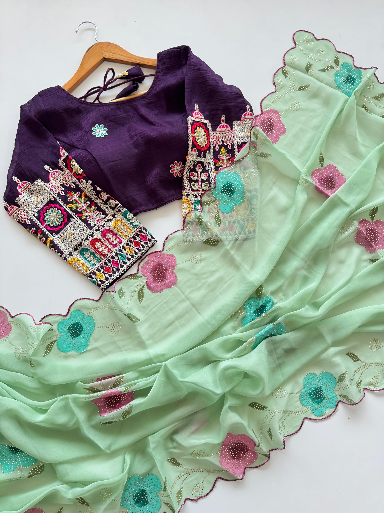 Ready Made Pista Color Khaadi Georgete Silk Saree With Sabya Sachi Stitched Blouse