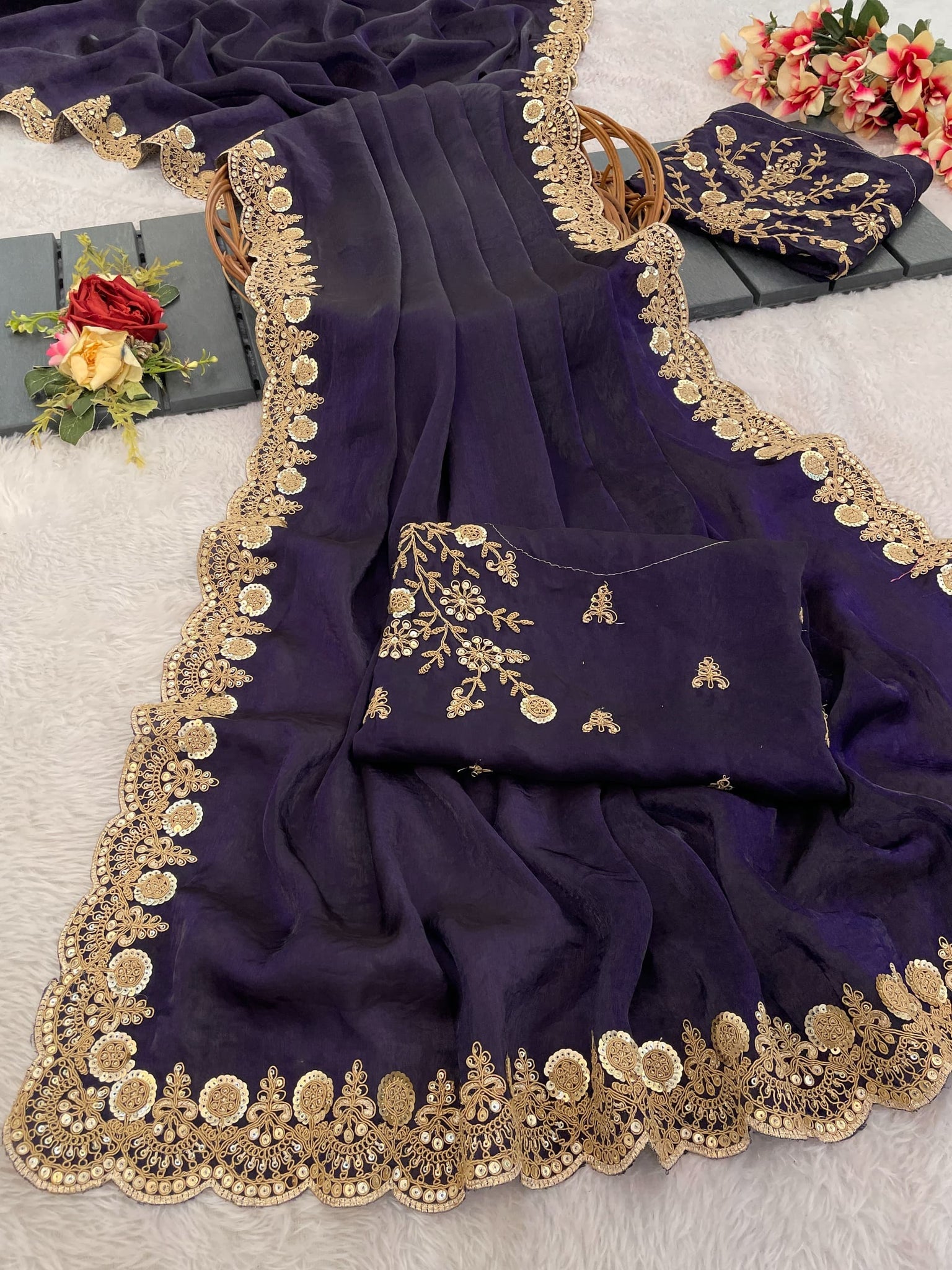Navy Color Space silk Saree With Sequnce work UnStitched Blouse