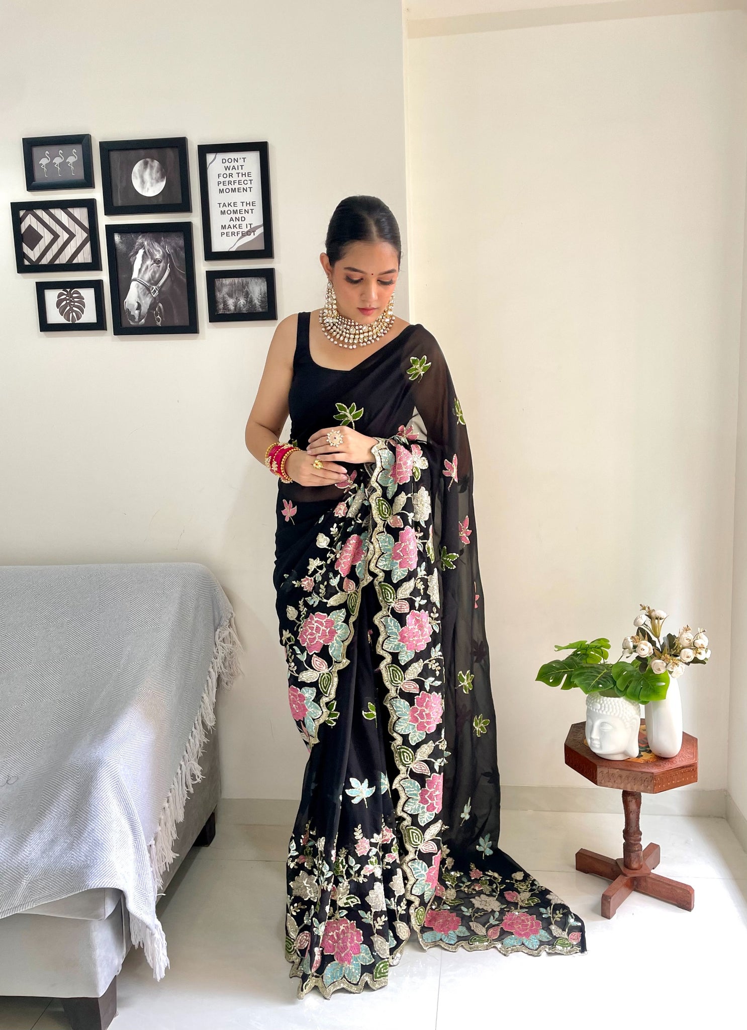 Multicolor Soft Georgette Saree With Embroidery work UnStitched Blouse