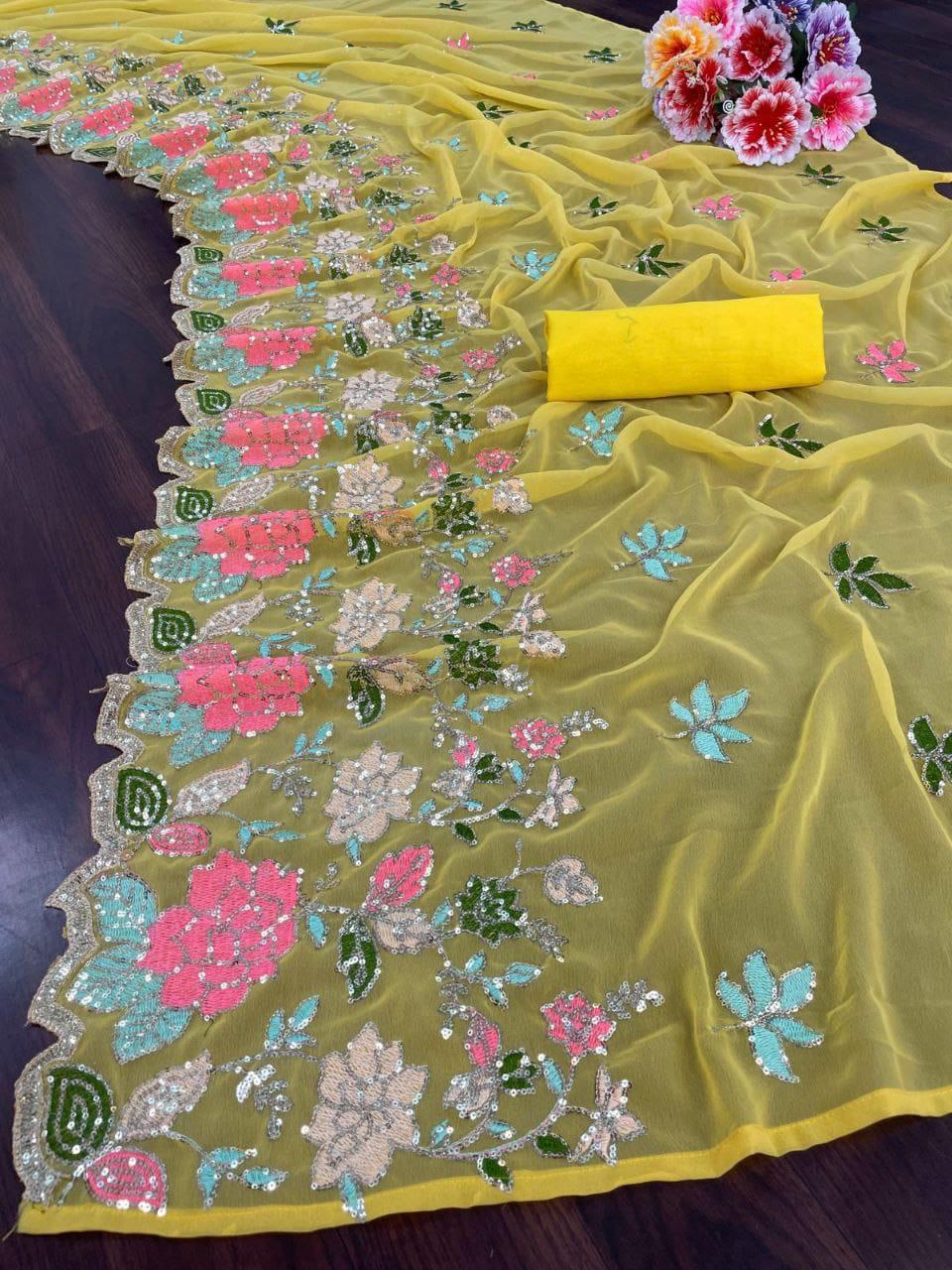 Multicolor Soft Georgette Saree With Embroidery work UnStitched Blouse