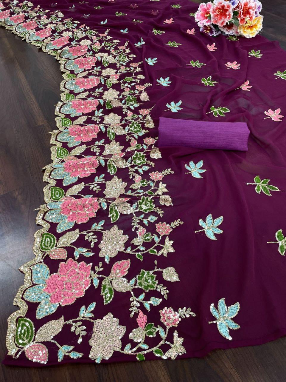 Multicolor Soft Georgette Saree With Embroidery work UnStitched Blouse
