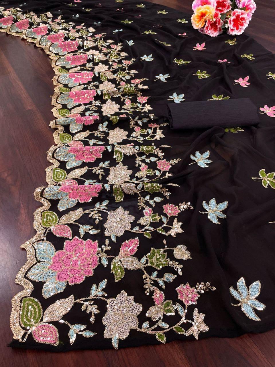 Multicolor Soft Georgette Saree With Embroidery work UnStitched Blouse