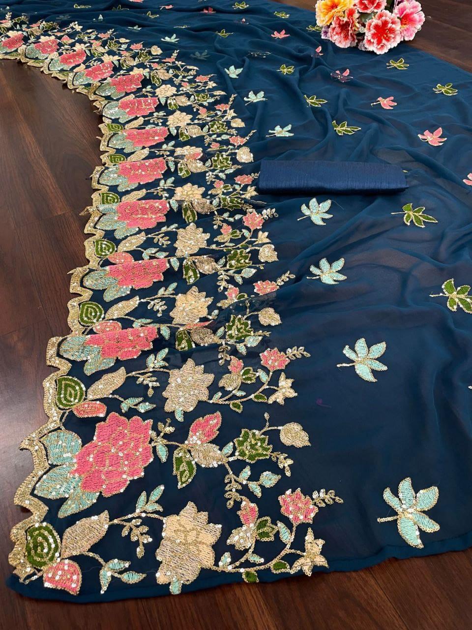 Multicolor Soft Georgette Saree With Embroidery work UnStitched Blouse