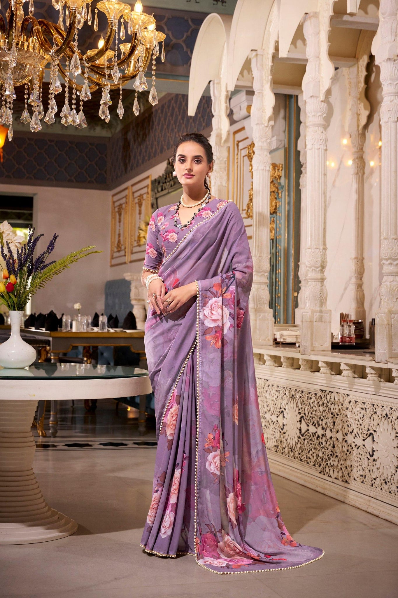 Georgette Saree With Printed work UnStitched Blouse