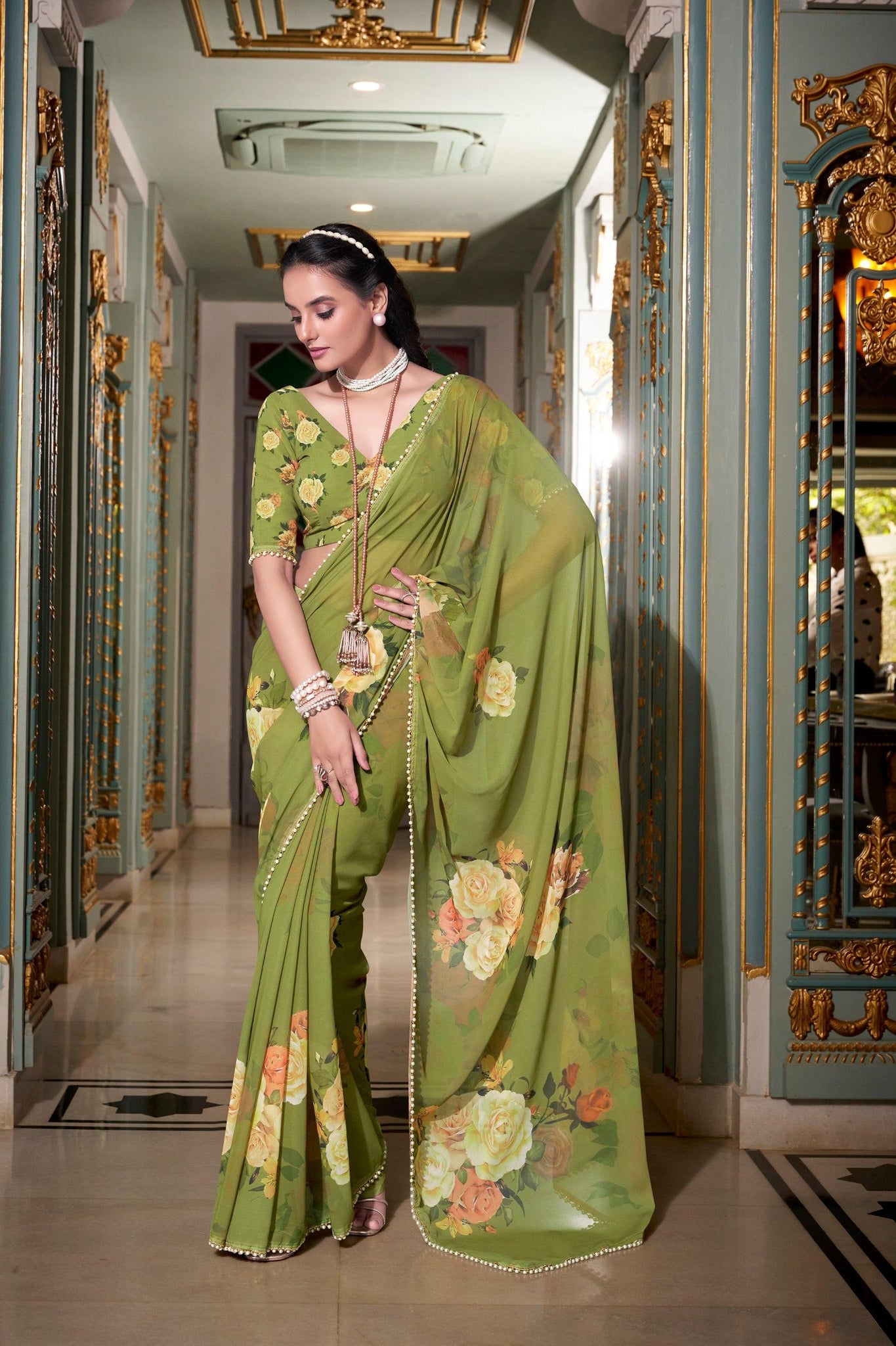Georgette Saree With Printed work UnStitched Blouse