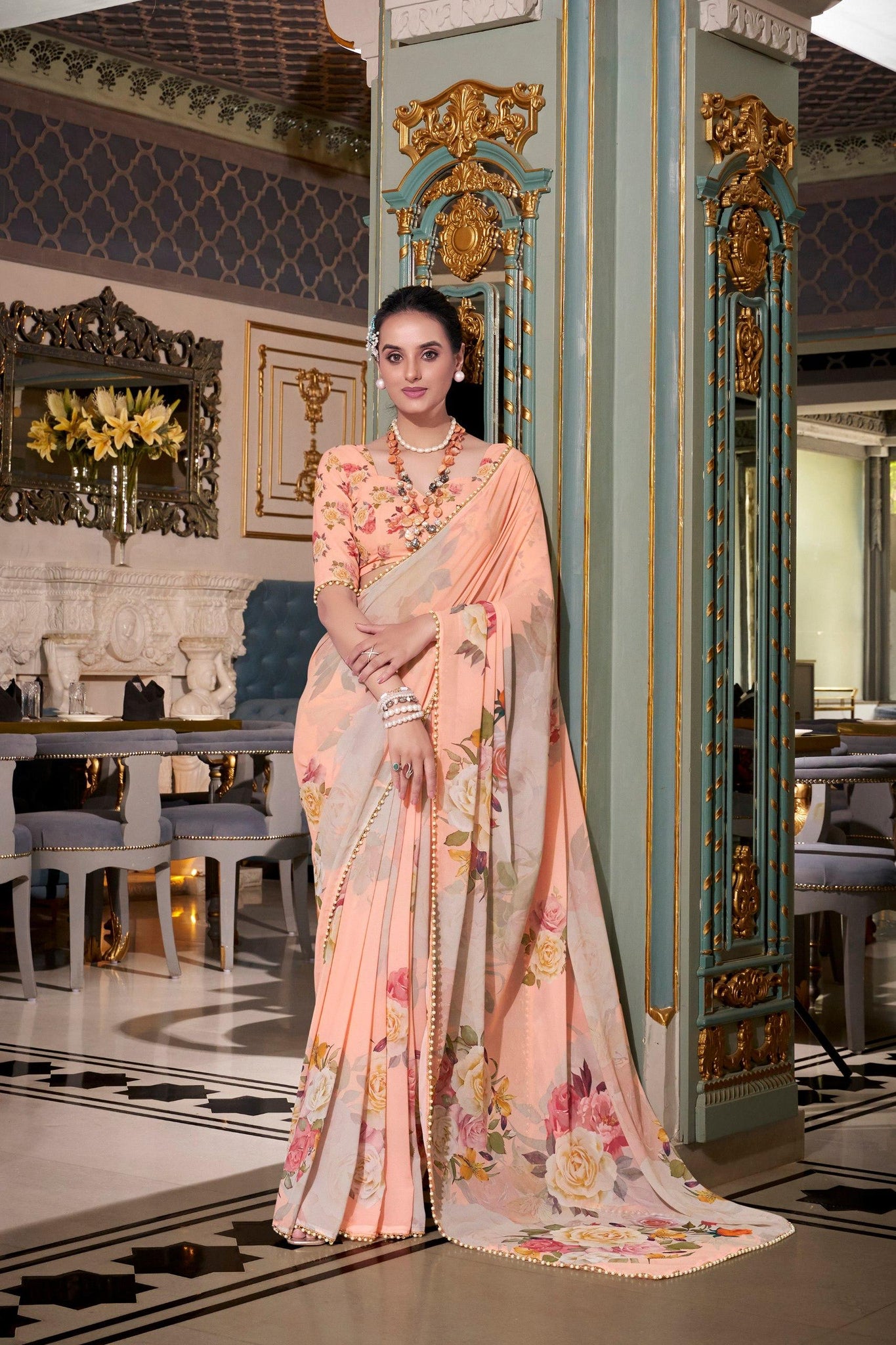 Georgette Saree With Printed work UnStitched Blouse