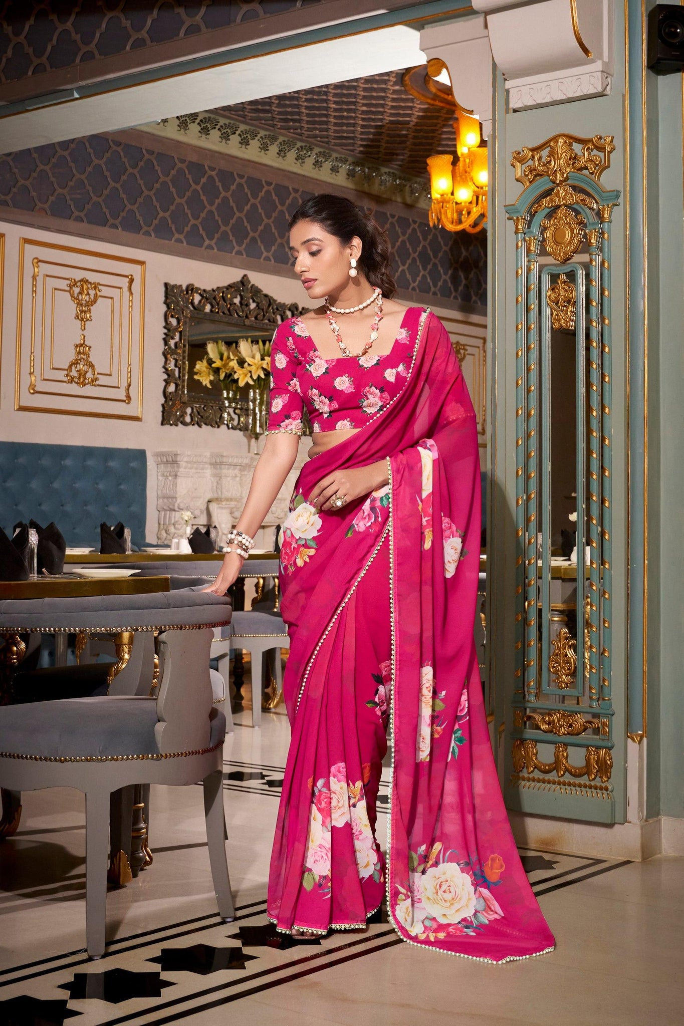 Georgette Saree With Printed work UnStitched Blouse